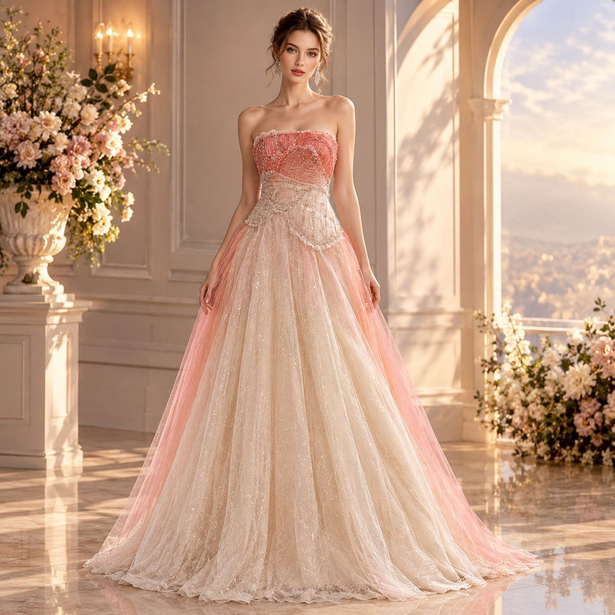 Romantic Peach Beaded Strapless Prom Dress LA73185A