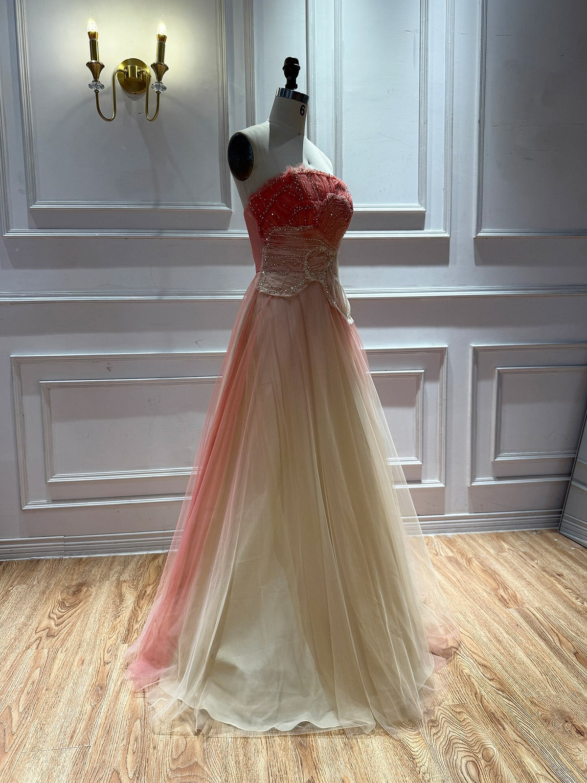 Romantic Peach Beaded Strapless Prom Dress LA73185A