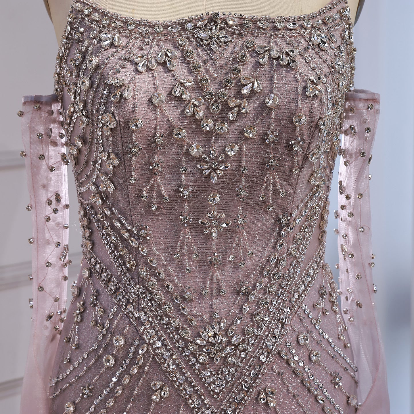 Luxury Caramel Crystal Beaded Mermaid Evening Gown with Gloves LA73186