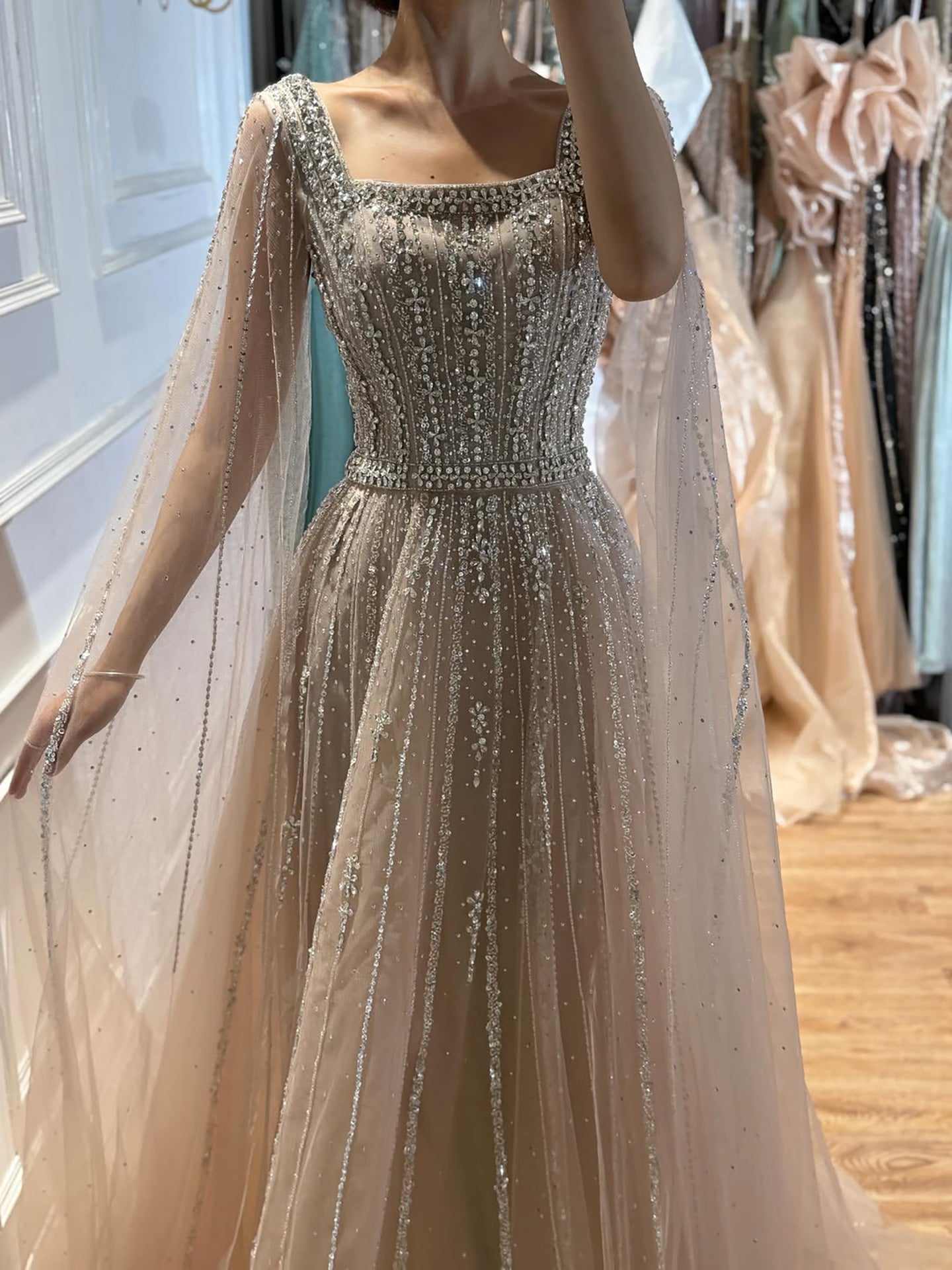 Luxury Blue Square Neck Beaded A Line Evening Gown with Cape LA73188A SERENE HILL