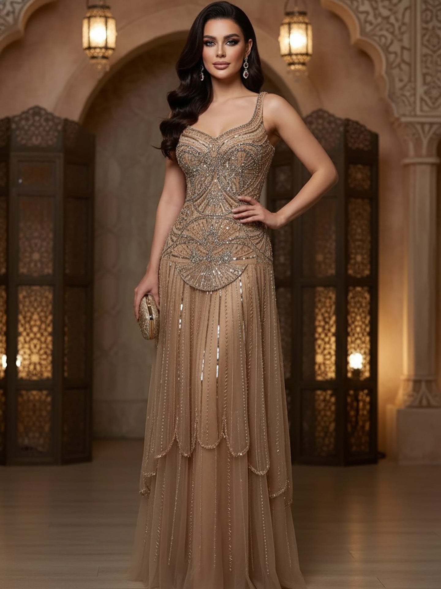 Luxury Nude Spaghetti Strap Beaded A line Evening Dress LA73189 - SERENE HILL