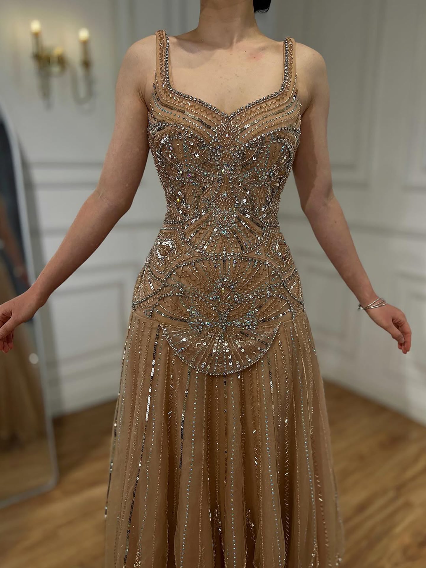 Luxury Nude Spaghetti Strap Beaded A line Evening Dress LA73189 - SERENE HILL