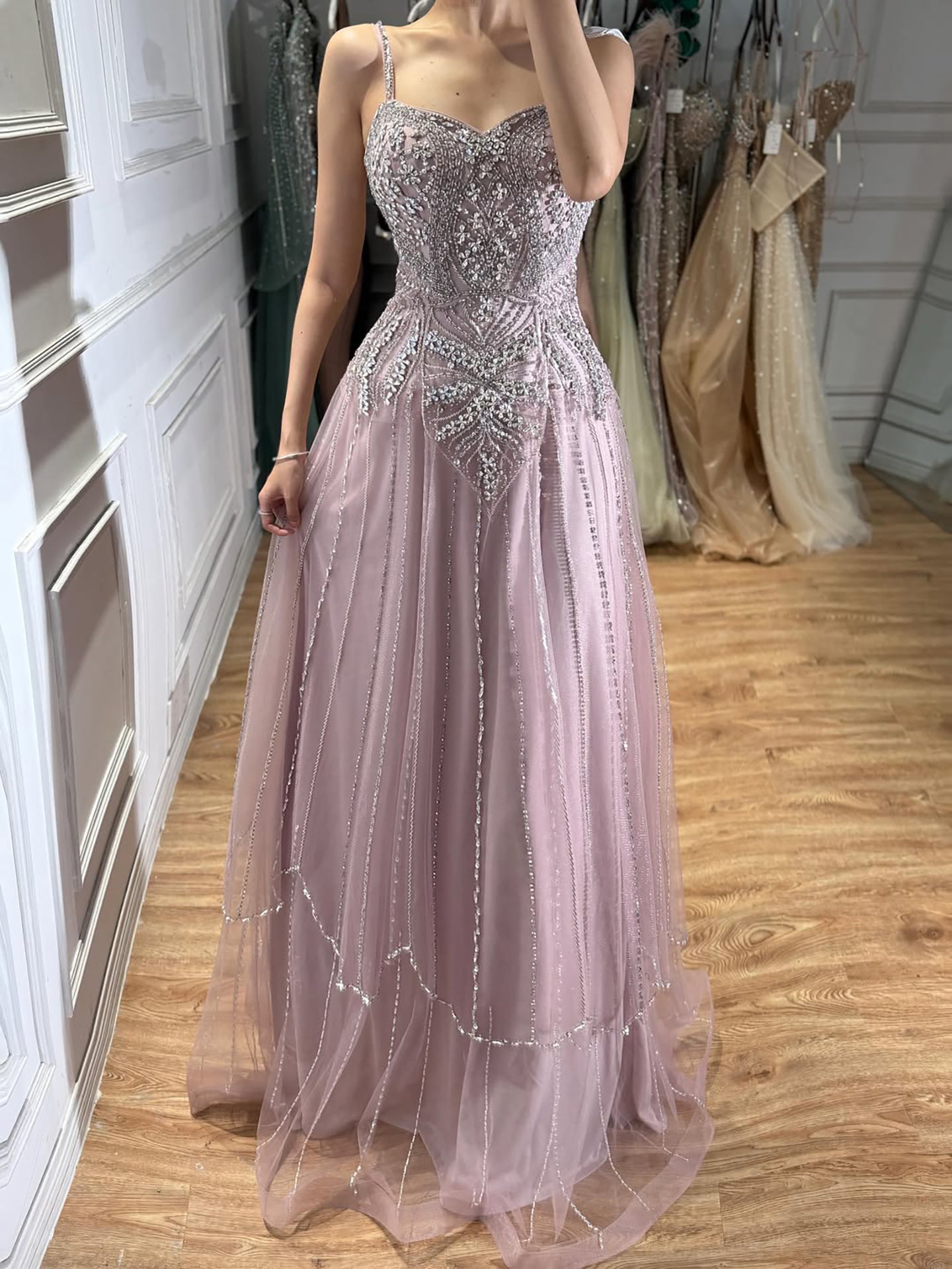 Luxury Nude Beaded A Line Evening Dress Spaghetti Strap LA73189D SERENE HILL
