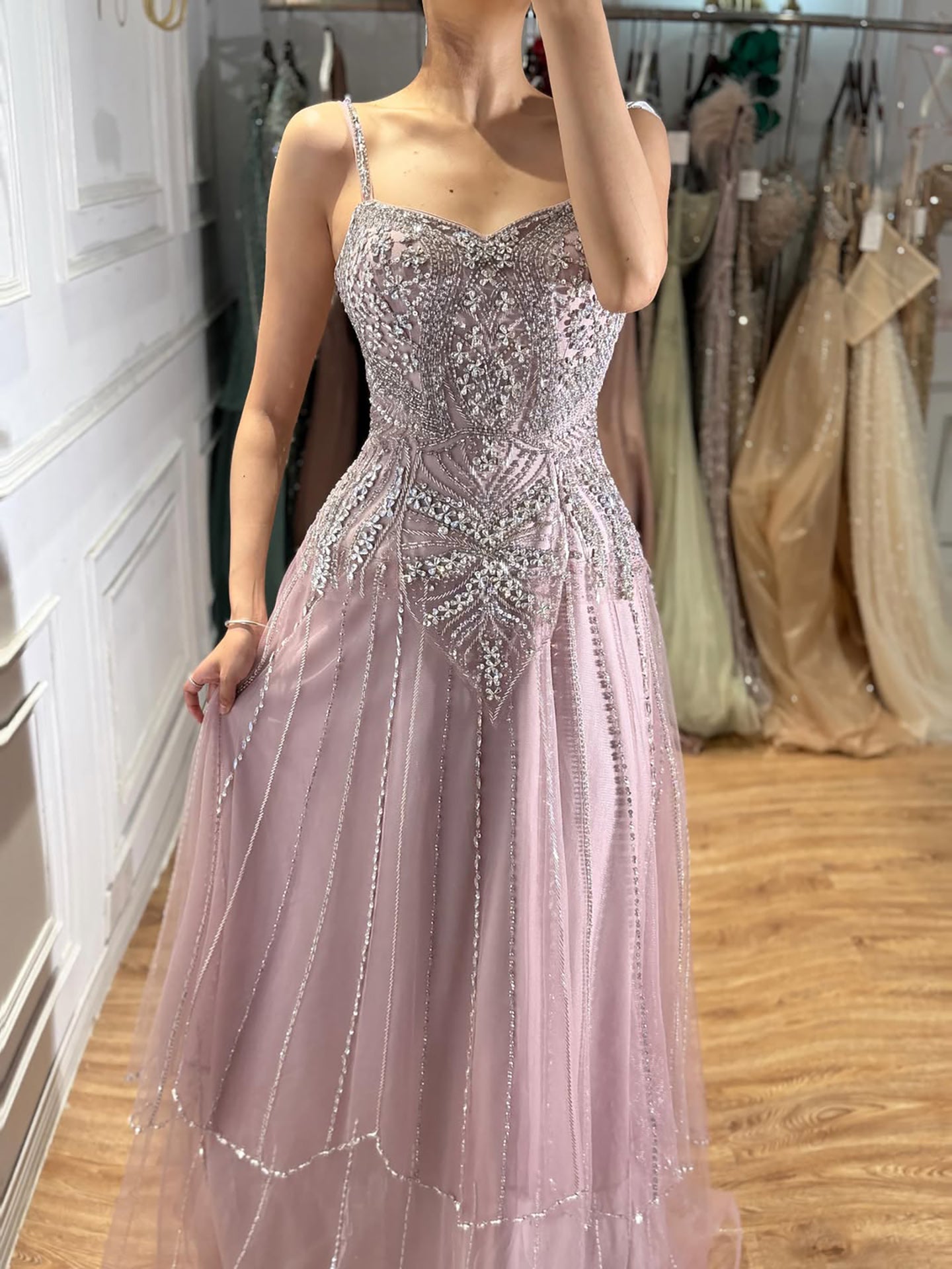 Luxury Nude Beaded A Line Evening Dress Spaghetti Strap LA73189D SERENE HILL