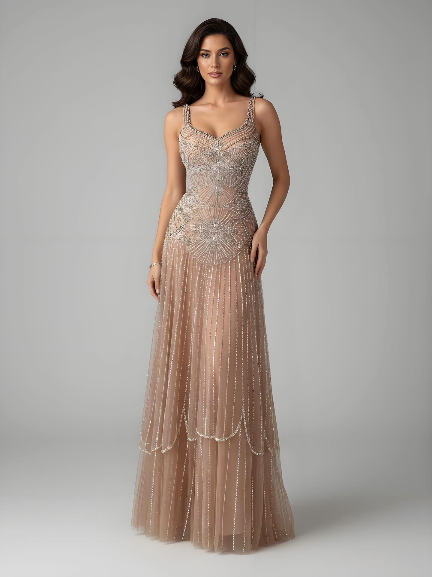 Luxury Nude Spaghetti Strap Beaded A-Line Evening Dress LA73189C - SERENE HILL