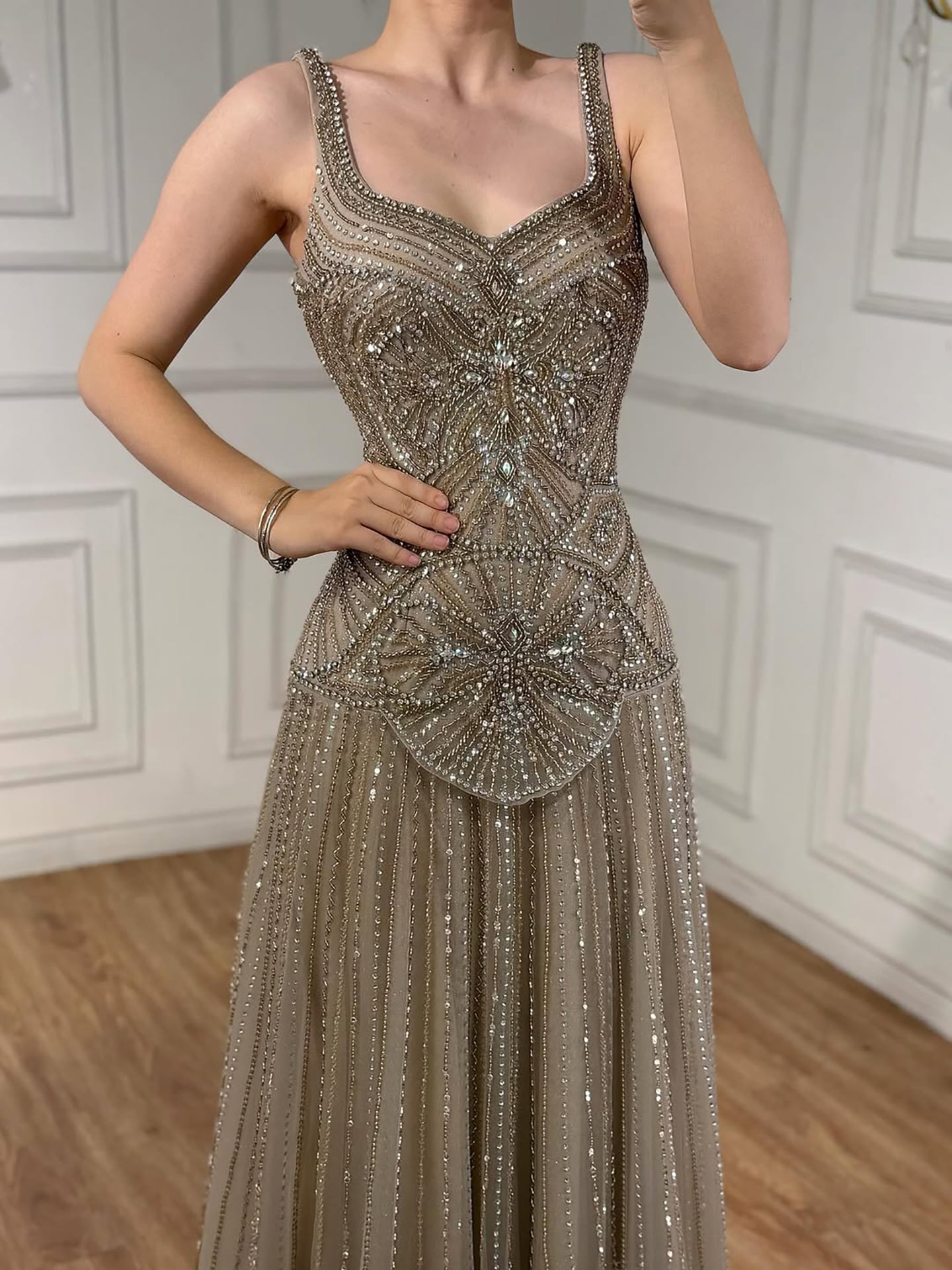 Luxury Nude Spaghetti Strap Beaded A-Line Evening Dress LA73189C - SERENE HILL