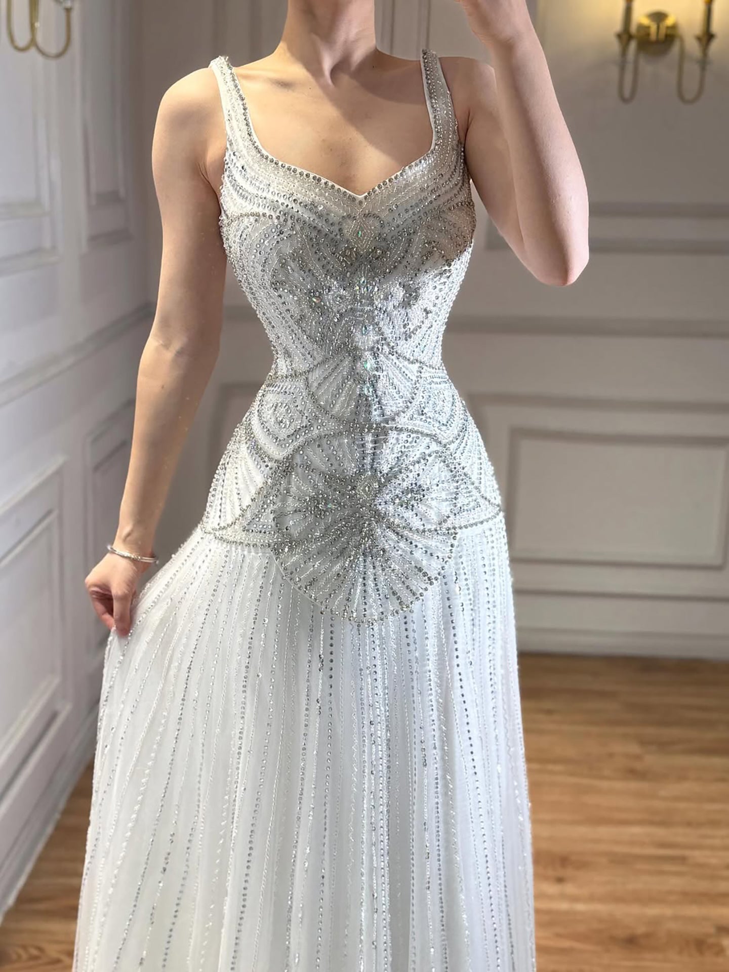 Luxury Nude Spaghetti Strap Beaded A-Line Evening Dress LA73189C - SERENE HILL