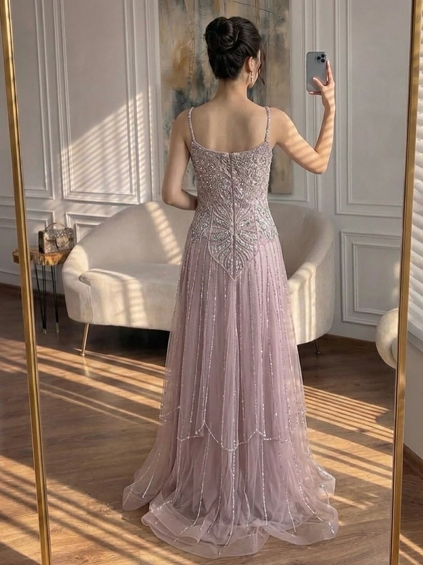 Luxury Nude Beaded A Line Evening Dress Spaghetti Strap LA73189D SERENE HILL