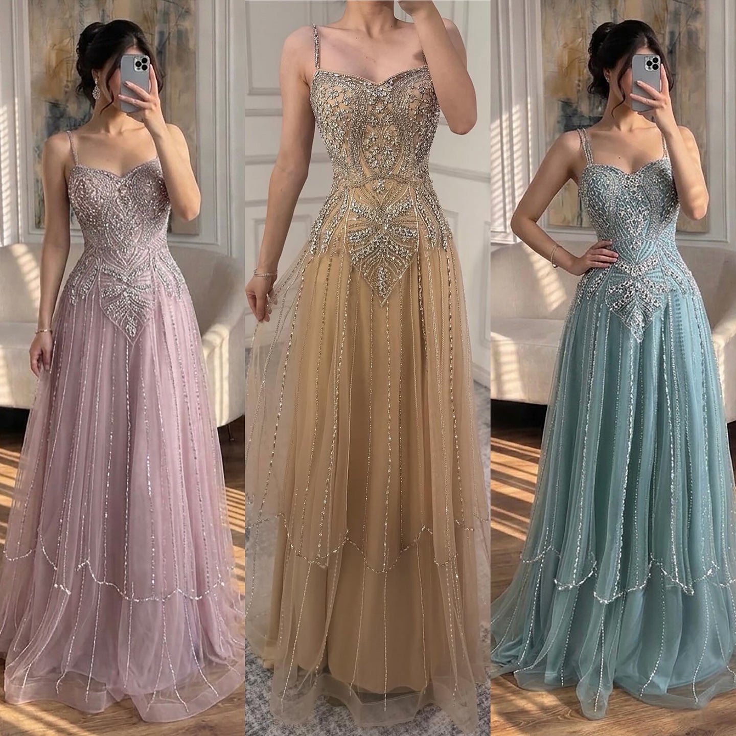 Luxury Nude Beaded A Line Evening Dress Spaghetti Strap LA73189D SERENE HILL
