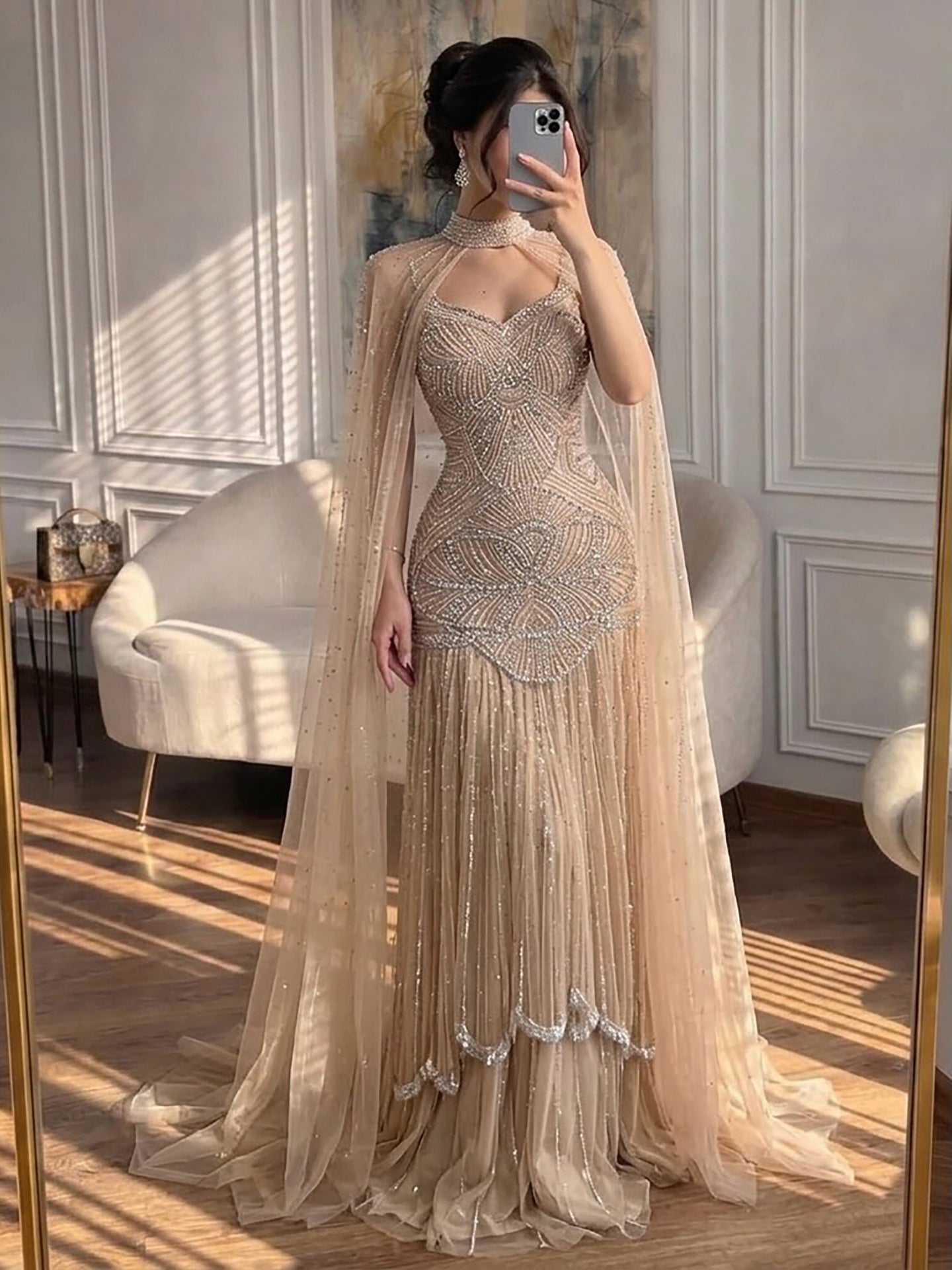 Luxury Gold Beaded Mermaid Evening Dress with Cape LA73189E SERENE HILL
