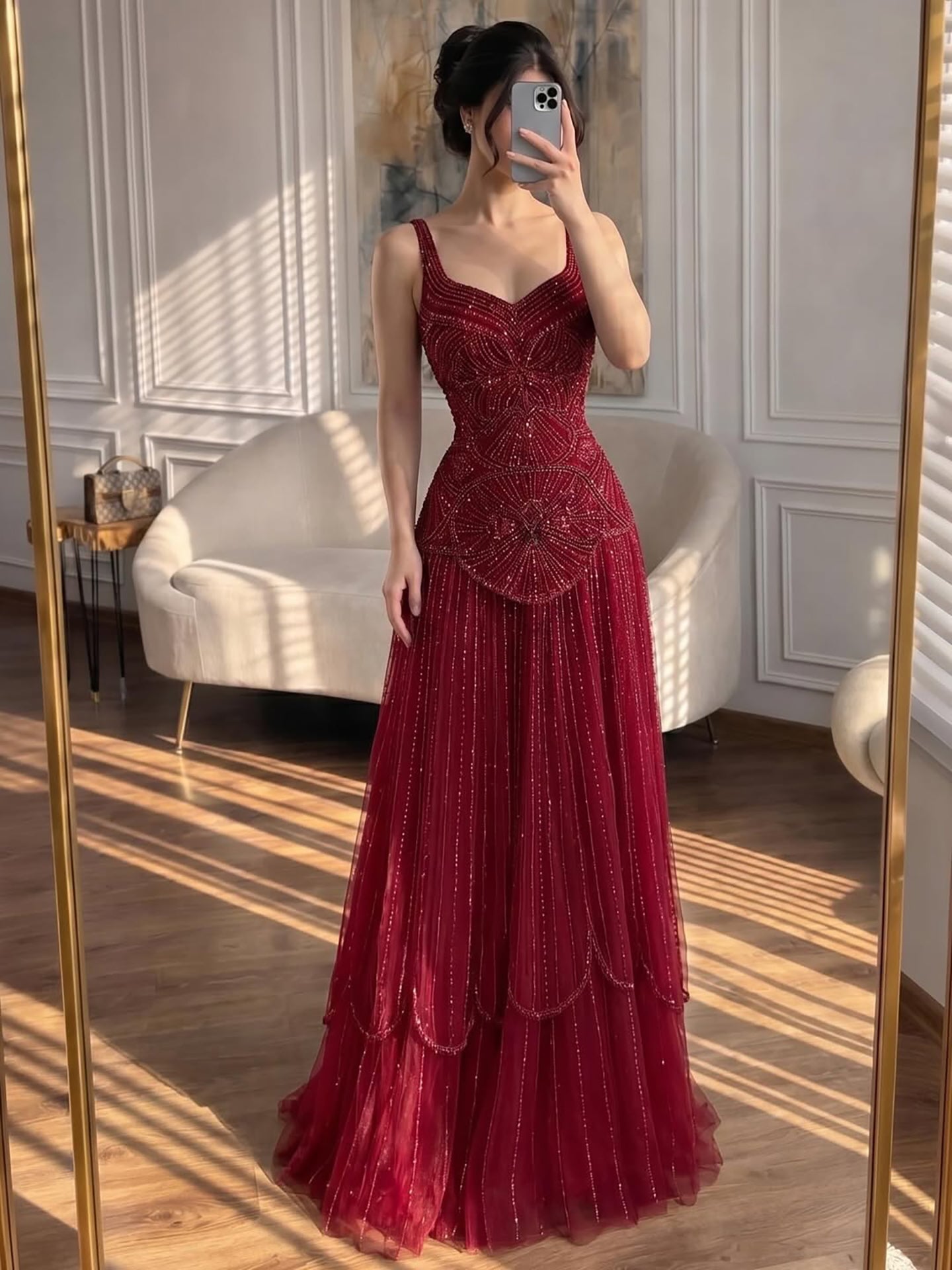 Luxury Nude Spaghetti Strap Beaded A-Line Evening Dress LA73189C wine red / 14