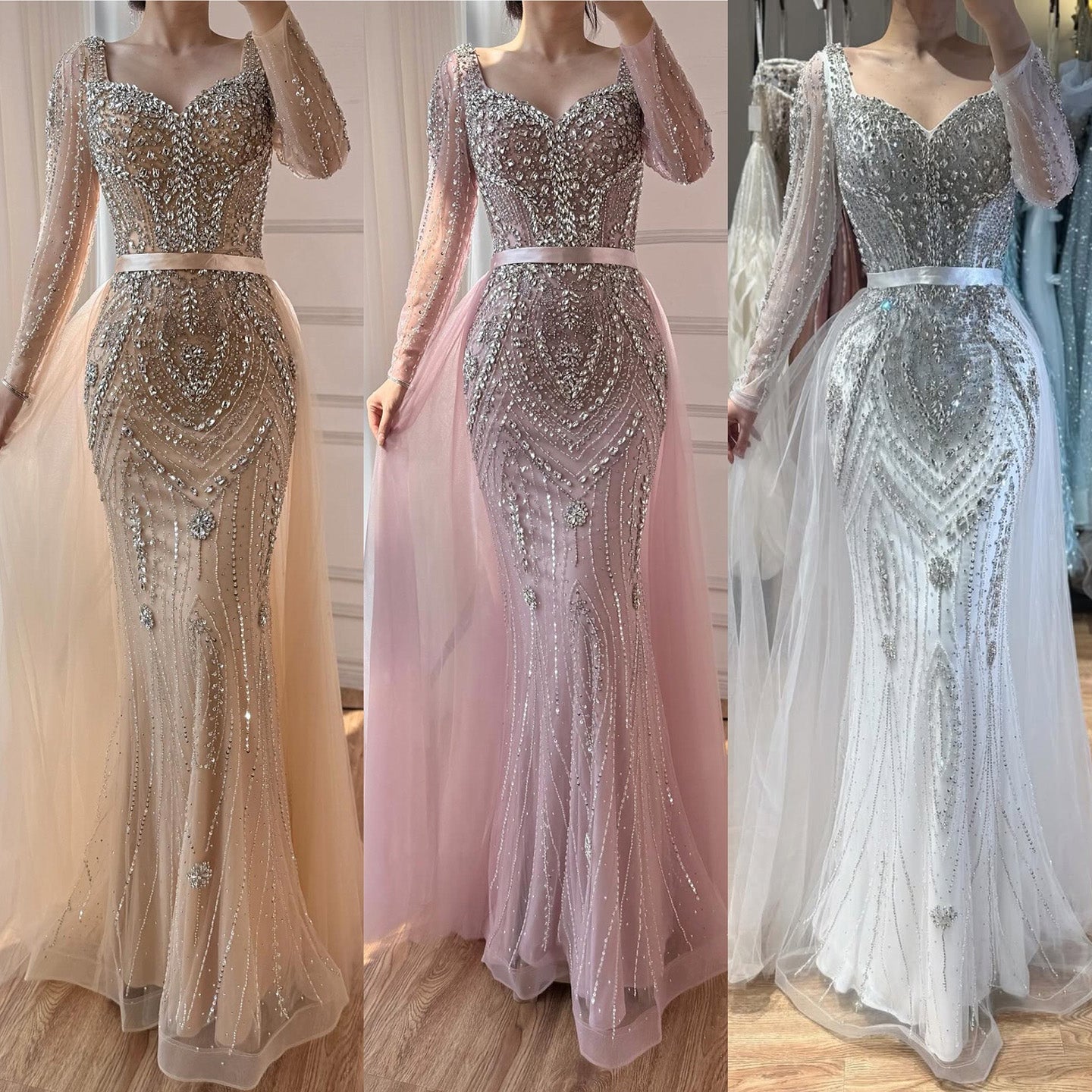 Luxury Nude Beaded Mermaid Evening Dress with Overskirt LA73190 - SERENE HILL