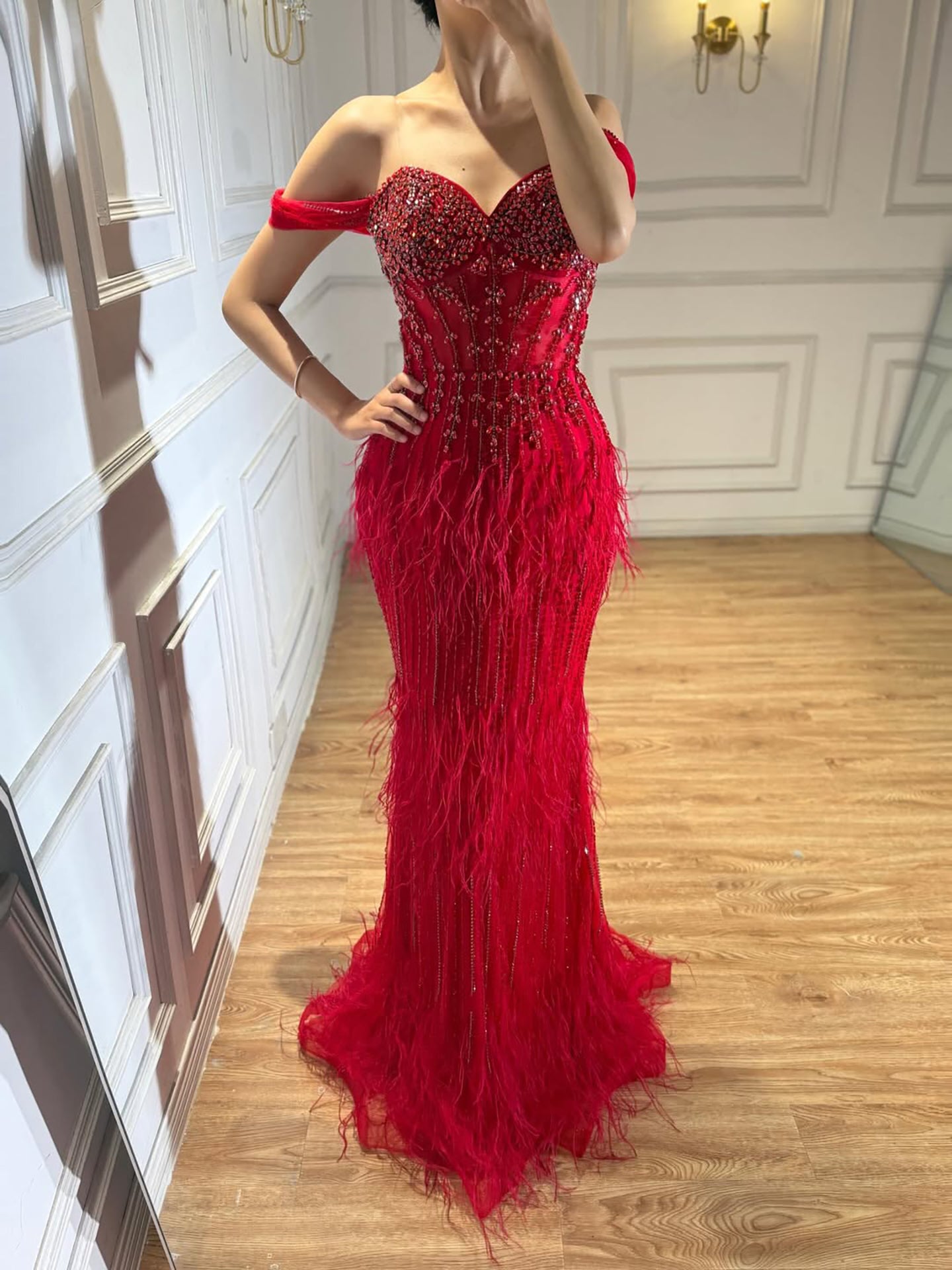 Luxury Caramel Off Shoulder Beaded Feather Mermaid Evening Dress LA73193A SERENE HILL