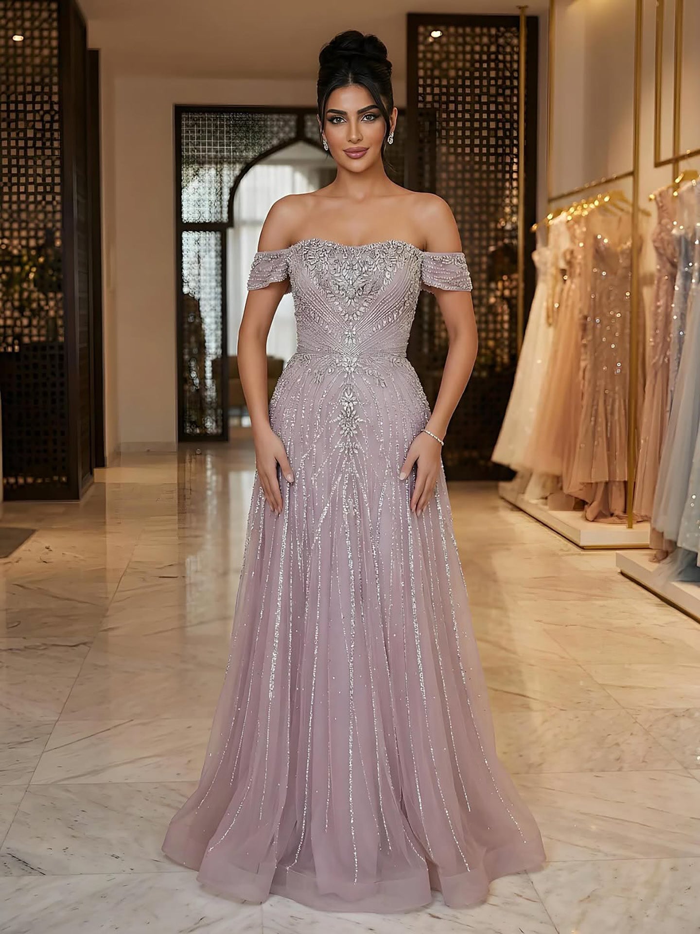 Luxury Dubai Nude Strapless Beaded A-Line Evening Dress LA73195A - SERENE HILL
