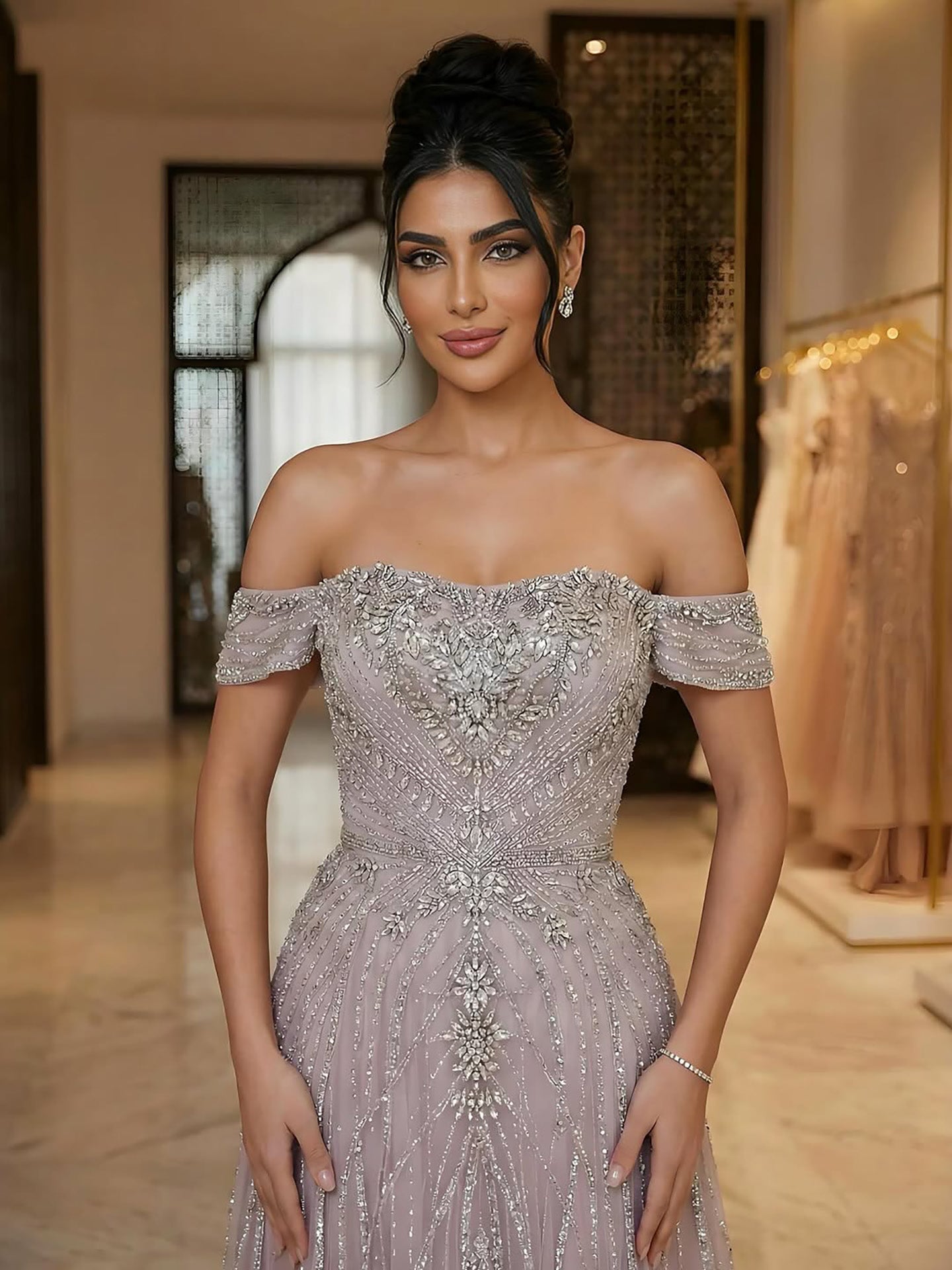 Luxury Dubai Nude Strapless Beaded A-Line Evening Dress LA73195A - SERENE HILL