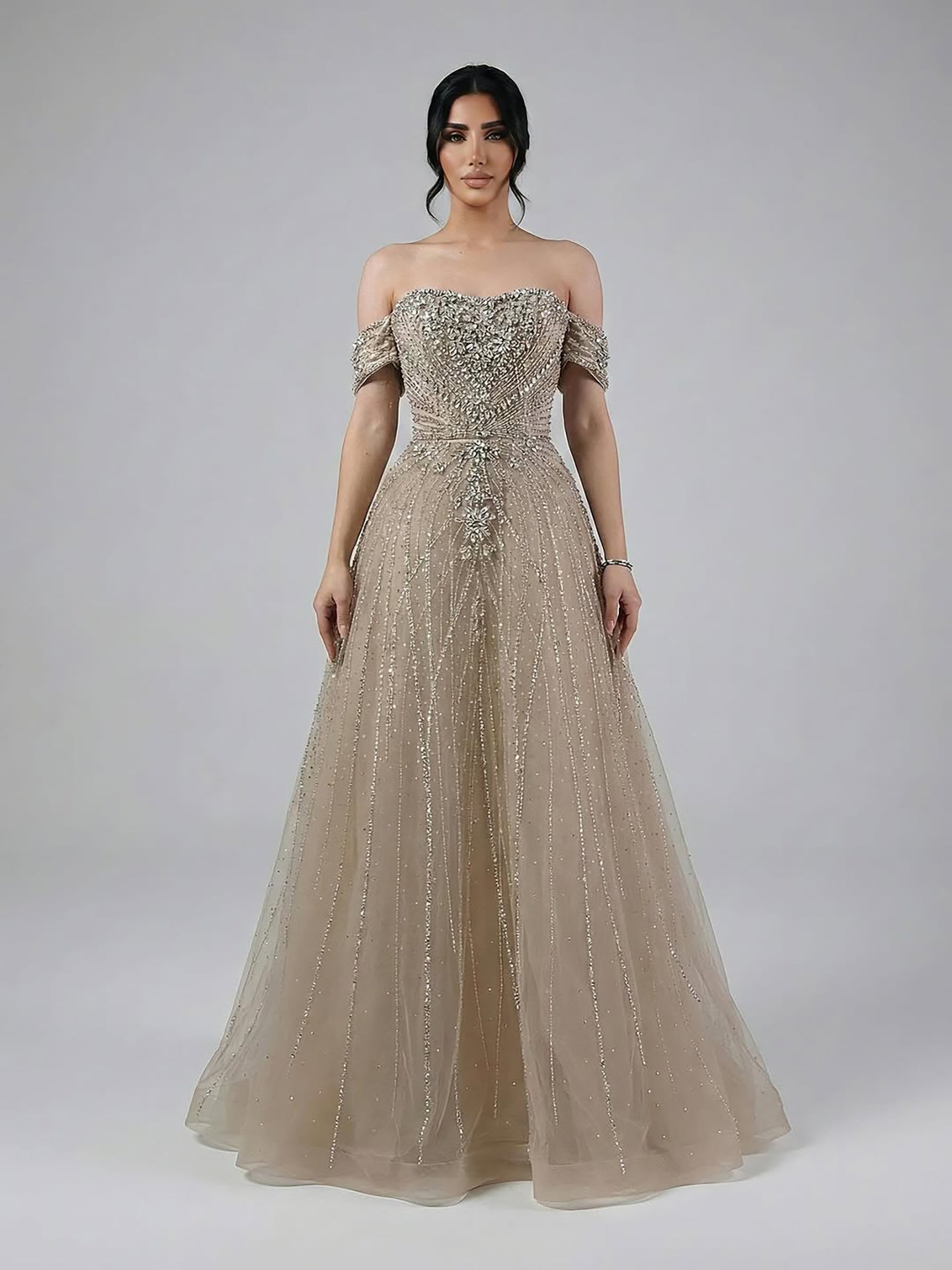 Luxury Dubai Nude Strapless Beaded A-Line Evening Dress LA73195A - SERENE HILL