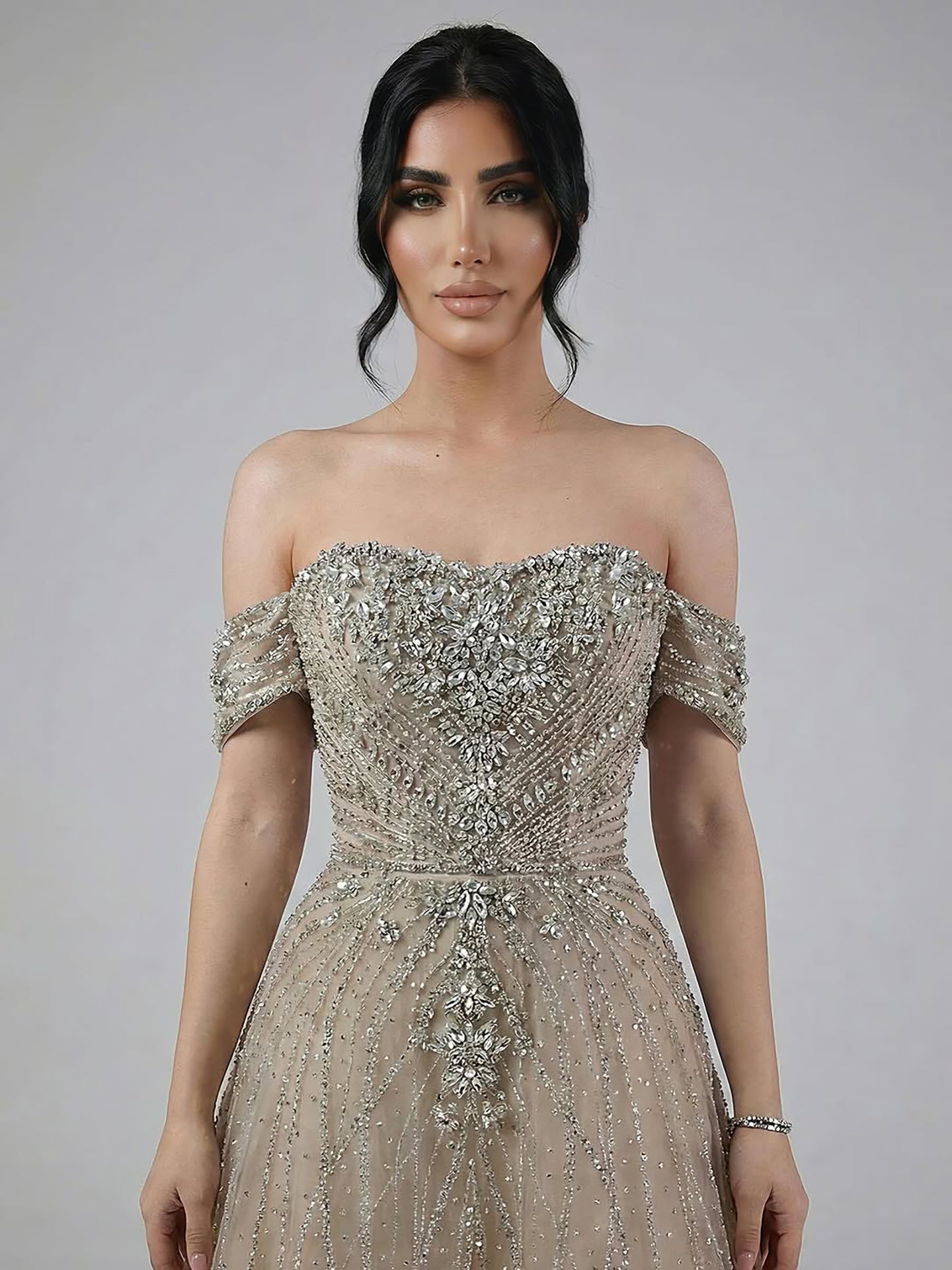 Luxury Dubai Nude Strapless Beaded A-Line Evening Dress LA73195A - SERENE HILL