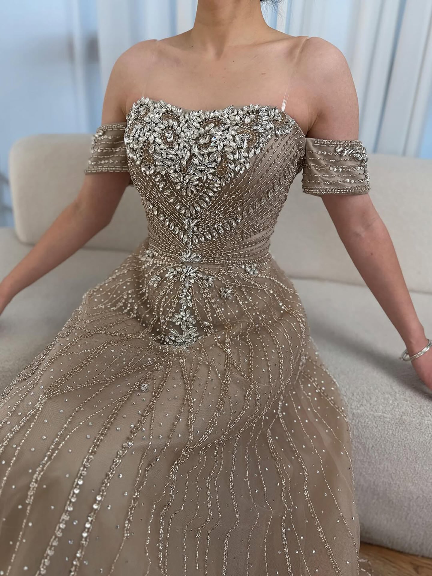 Luxury Dubai Nude Strapless Beaded A-Line Evening Dress LA73195A - SERENE HILL