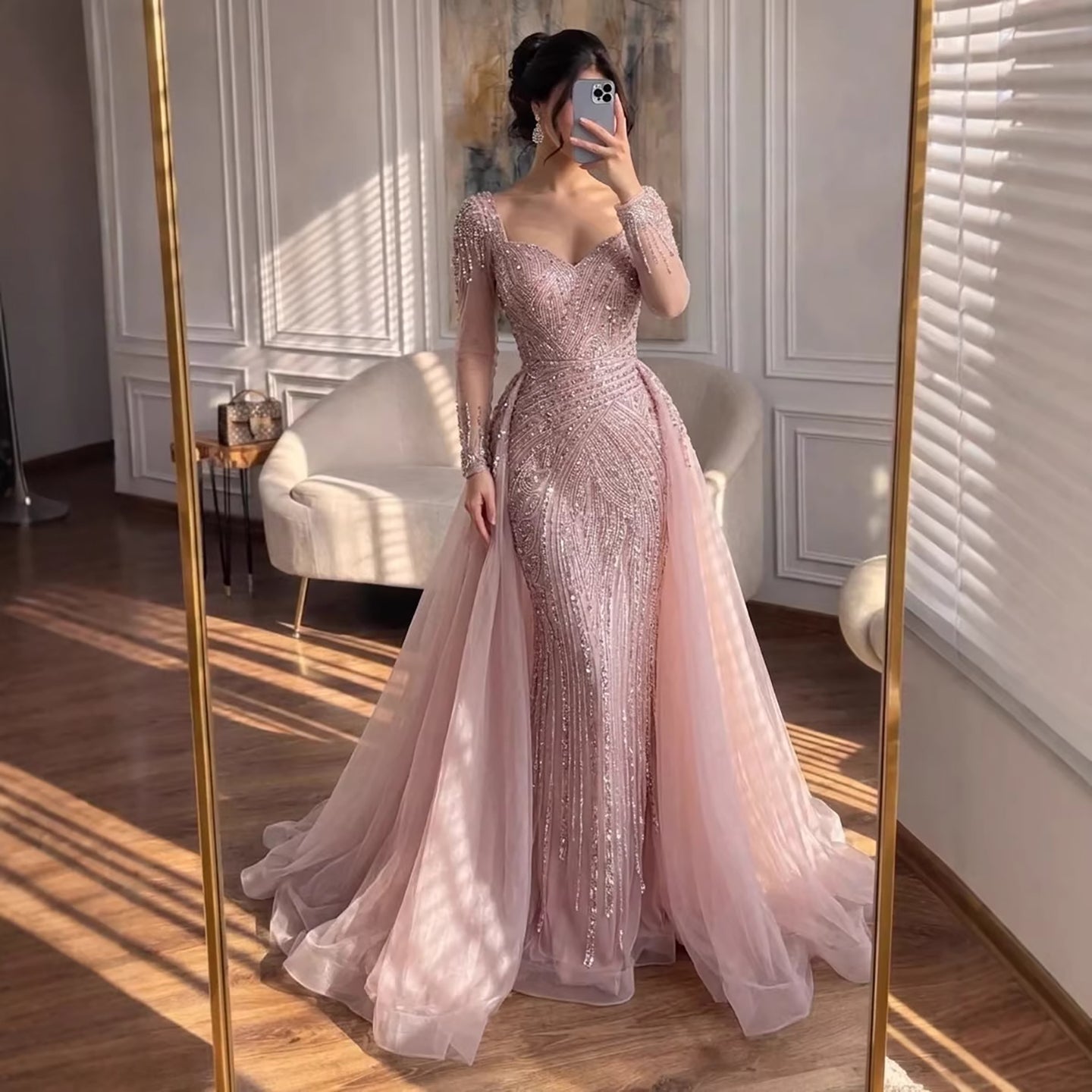 Luxury Dubai Pink Evening Dress Long Sleeve with Train LA73198 Pink / 6