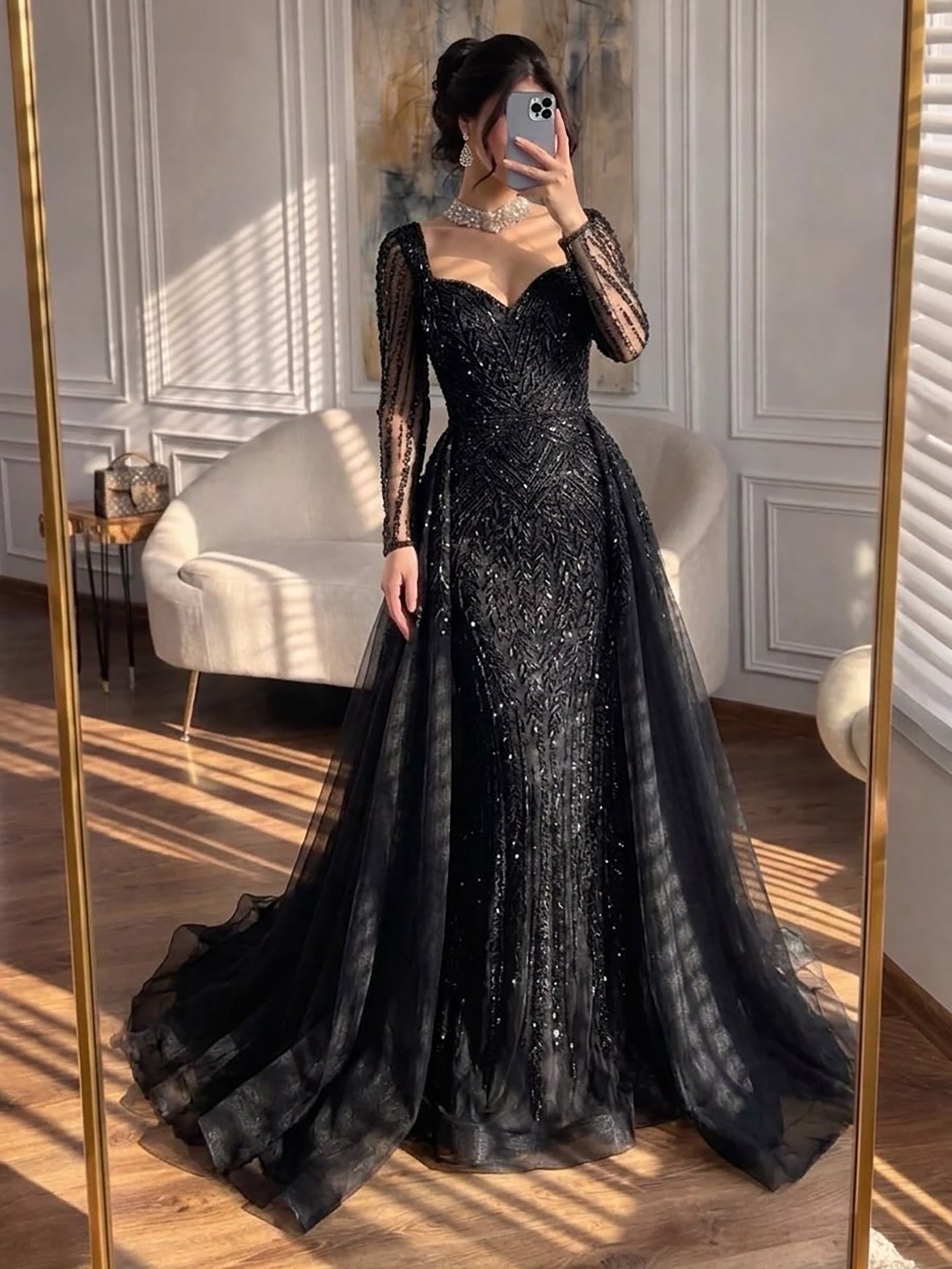Luxury Dubai Pink Evening Dress Long Sleeve with Train LA73198 - SERENE HILL