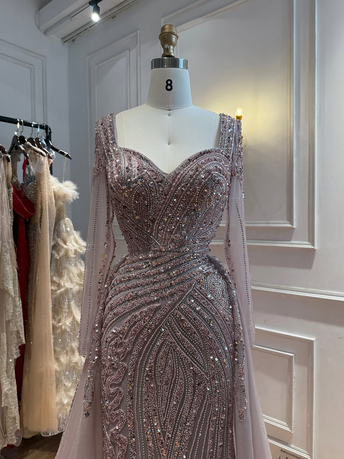 Luxury Pink Beaded Long Sleeve Mermaid Dress With Overskirt LA73198A