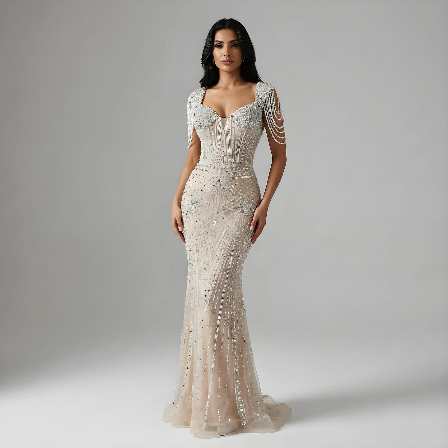 Luxury Nude Pearls Beaded Mermaid Evening Dress LA73199 - SERENE HILL
