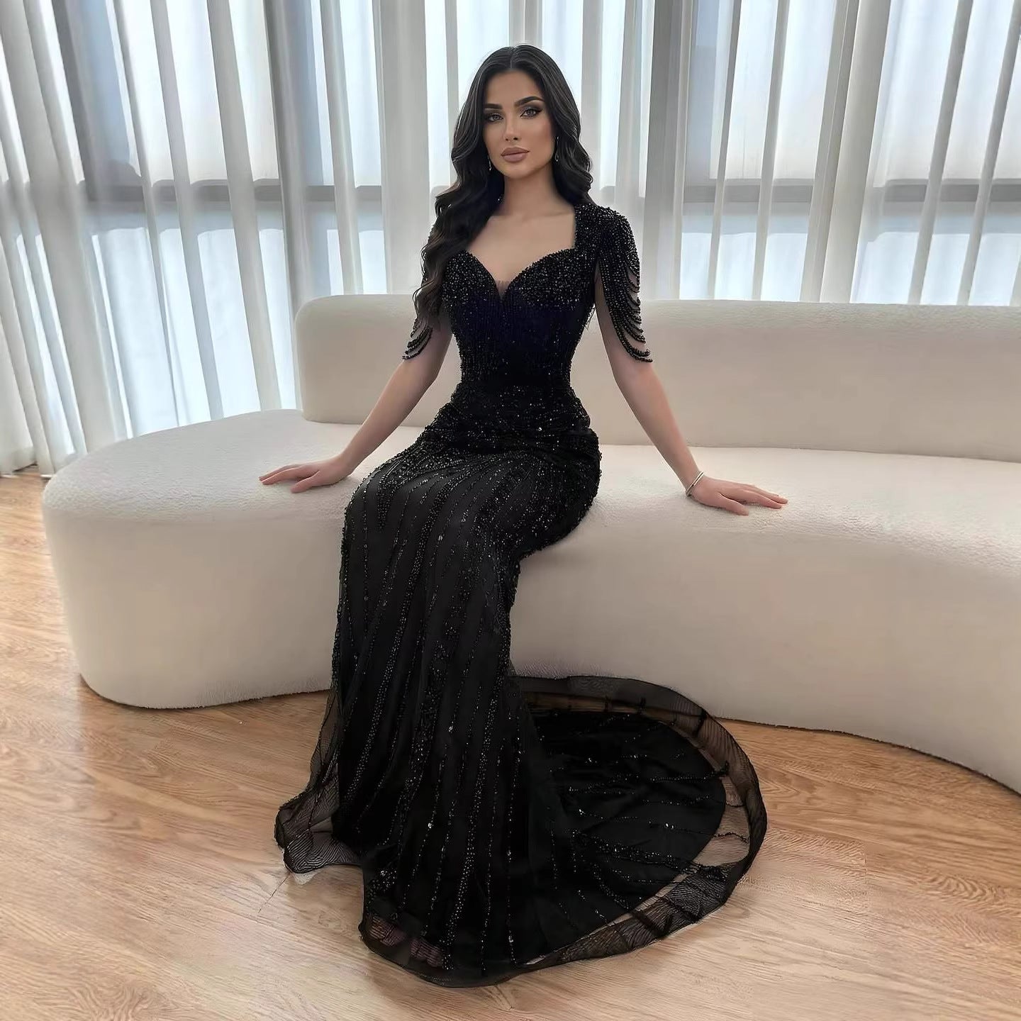 Luxury Nude Pearls Beaded Mermaid Evening Dress LA73199 - SERENE HILL