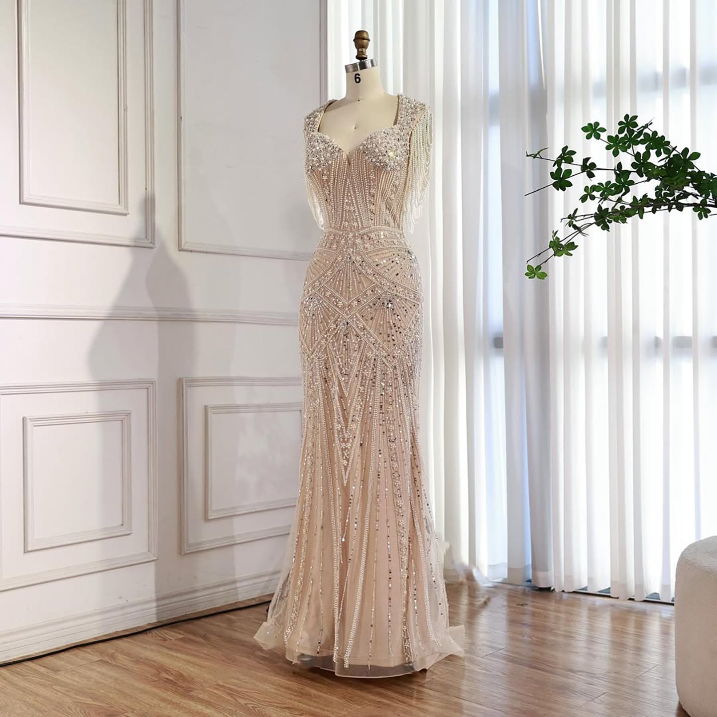 Luxury Nude Pearls Beaded Mermaid Evening Dress LA73199 - SERENE HILL