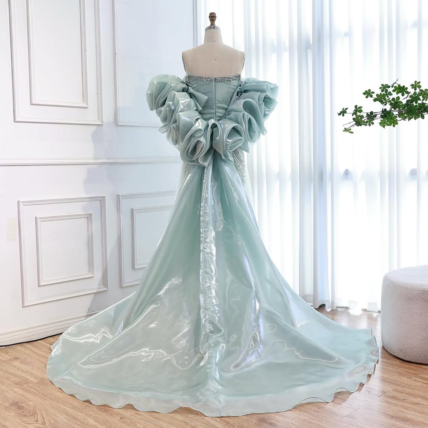Luxury Sage Green Beaded Mermaid Evening Dress with Balloon Sleeves LA73201 - SERENE HILL