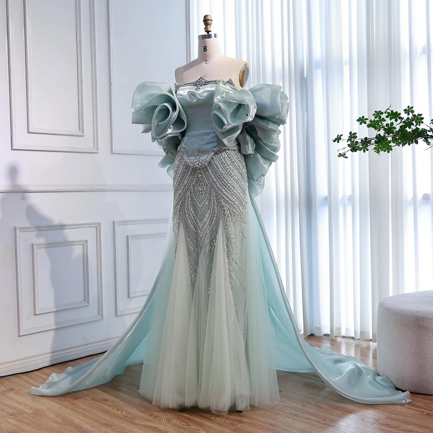 Luxury Sage Green Beaded Mermaid Evening Dress with Balloon Sleeves LA73201 - SERENE HILL
