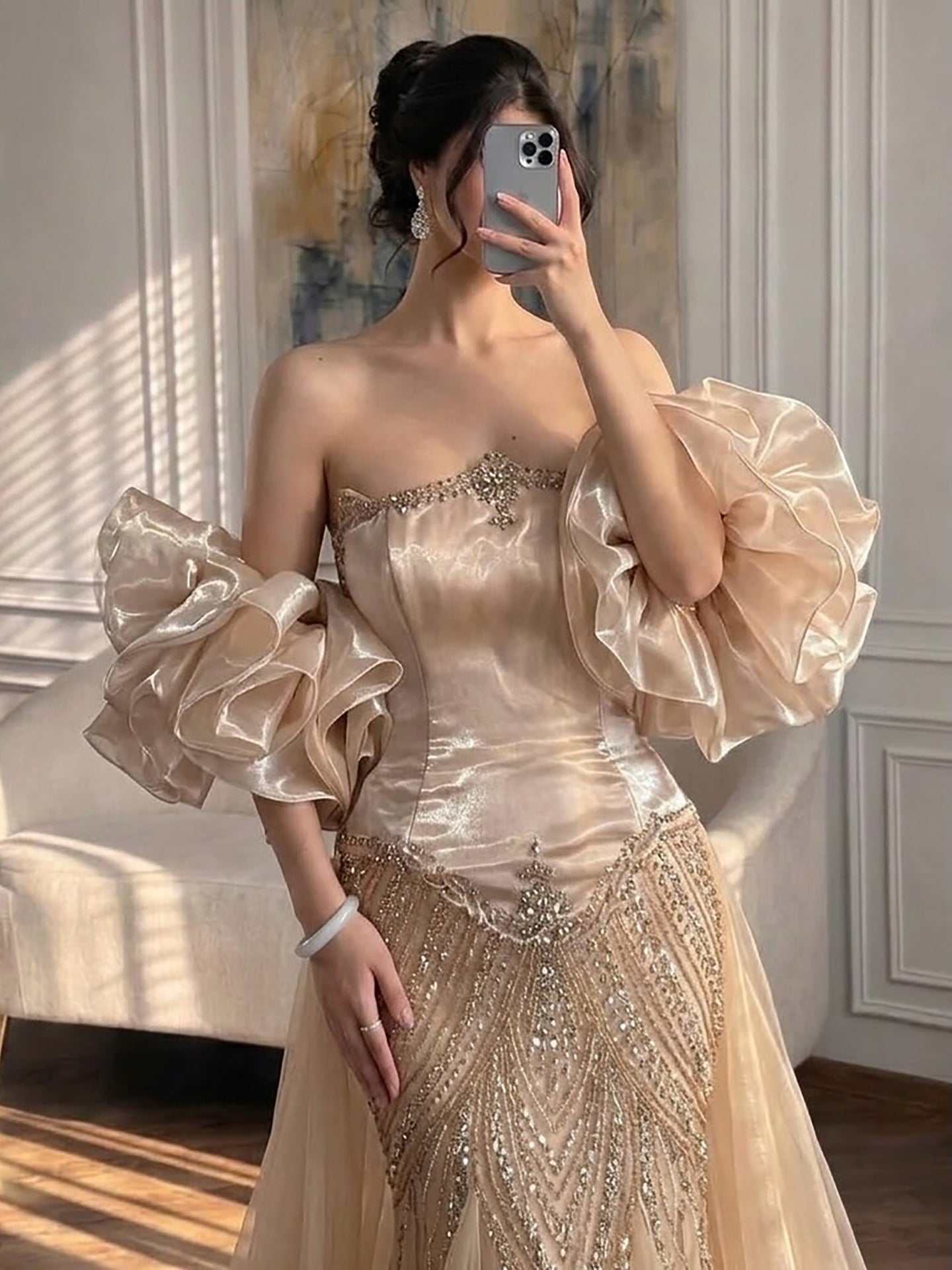 Luxury Sage Green Beaded Mermaid Evening Dress with Balloon Sleeves LA73201