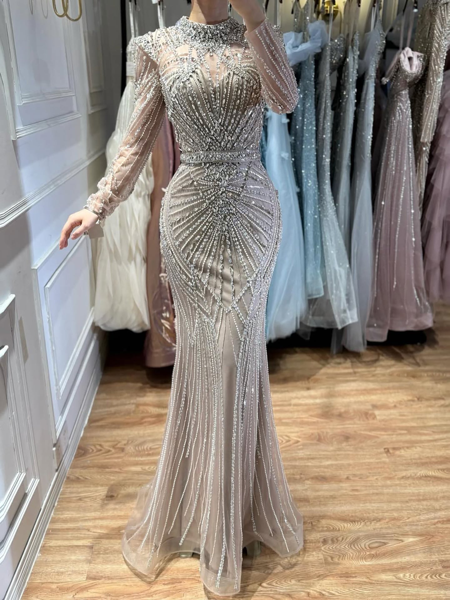 Modest Caramel High Collar Evening Dress for Wedding Guest LA73203 - SERENE HILL