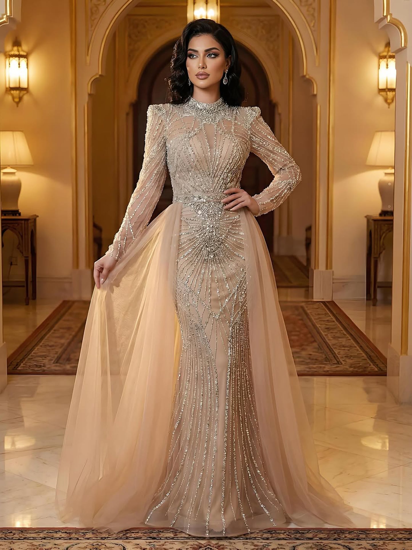Luxury Muslim Nude Beaded Mermaid Evening Dress LA73203A - SERENE HILL