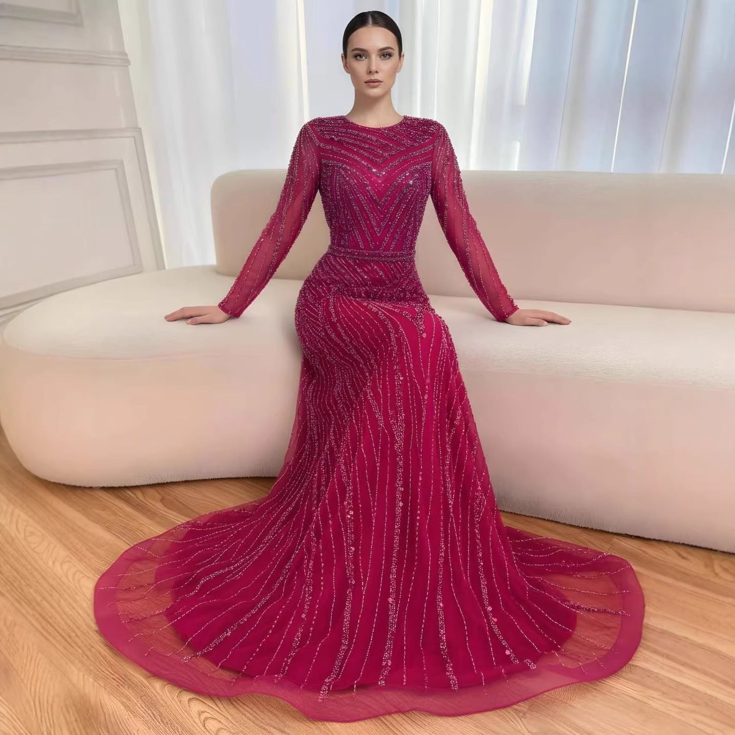 Luxury Fuchsia A-line Beaded Long Sleeve Evening Dress LA73208 - SERENE HILL