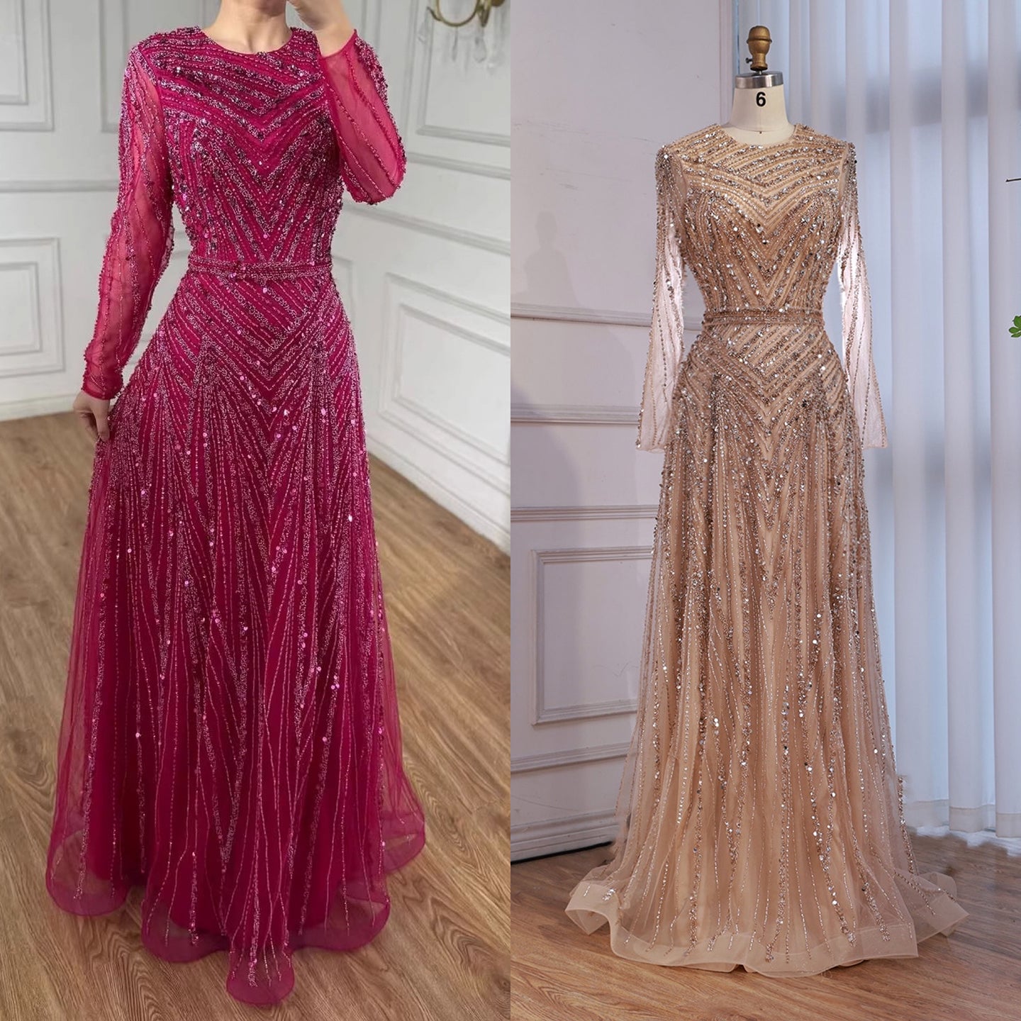 Luxury Fuchsia A-line Beaded Long Sleeve Evening Dress LA73208 - SERENE HILL