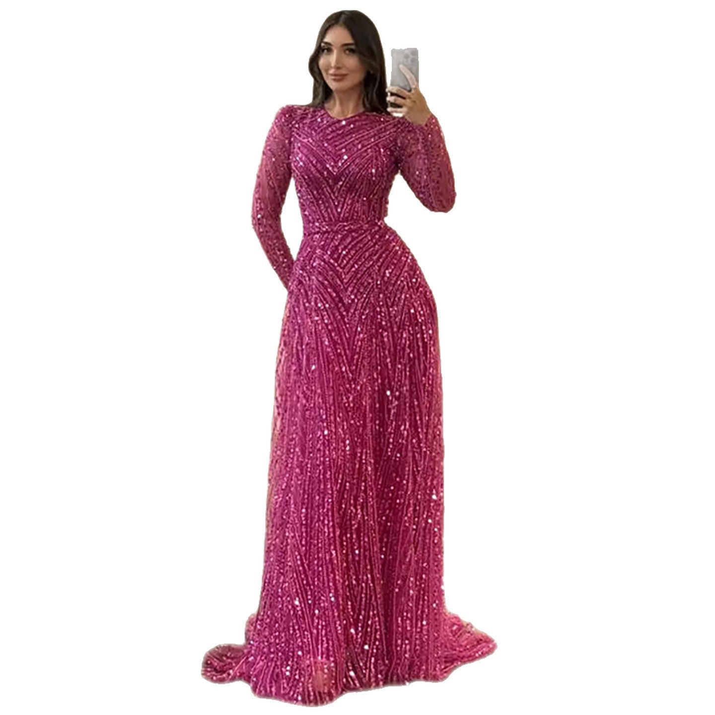 Luxury Fuchsia A-line Beaded Long Sleeve Evening Dress LA73208 - SERENE HILL