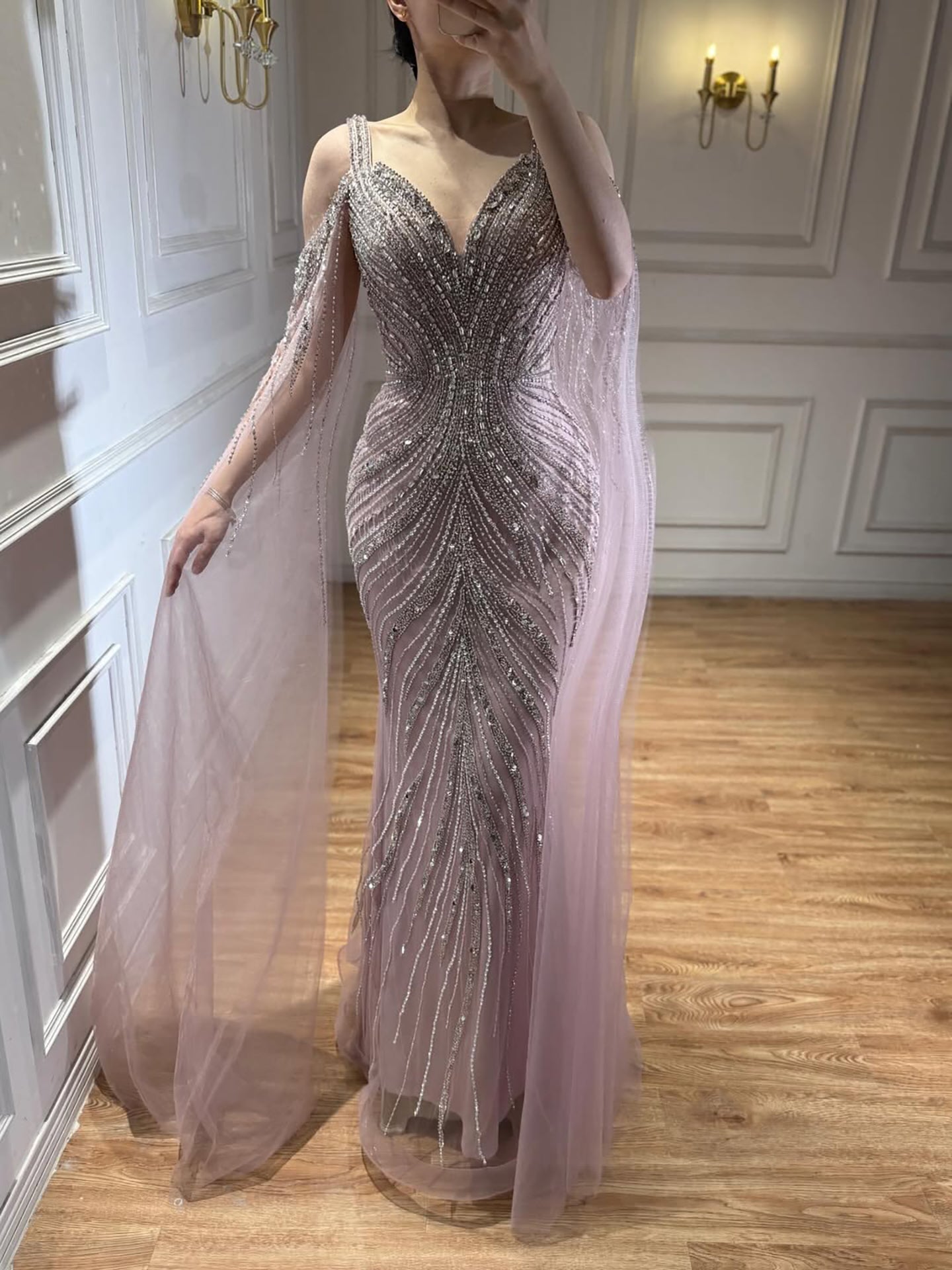 Luxury Pink Beaded Mermaid Evening Dress With Cape Sleeves LA73210