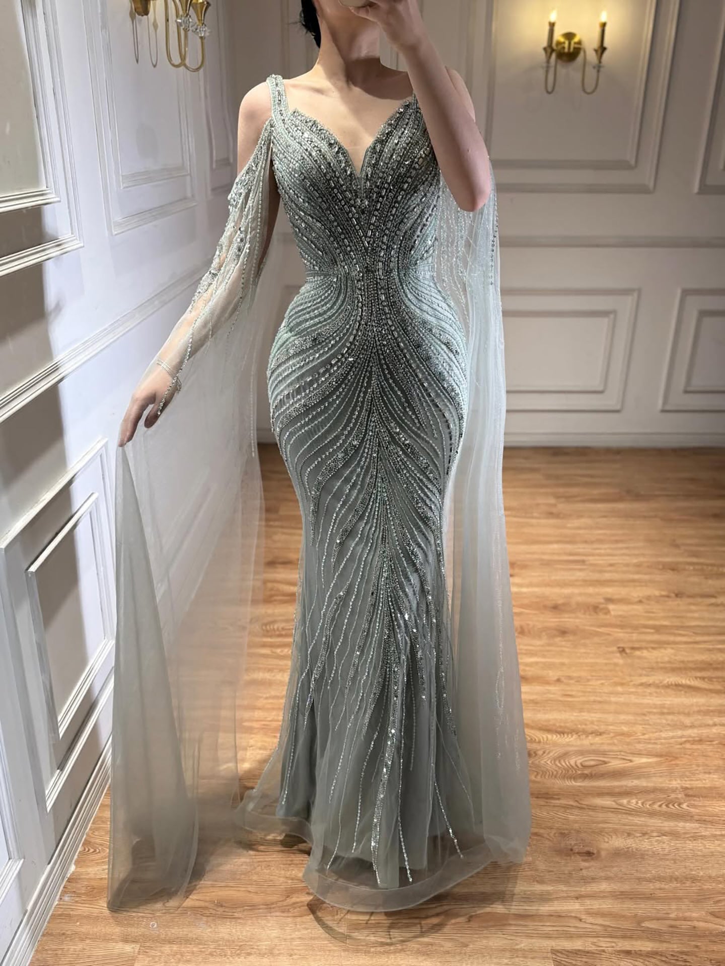 Luxury Pink Beaded Mermaid Evening Dress With Cape Sleeves LA73210