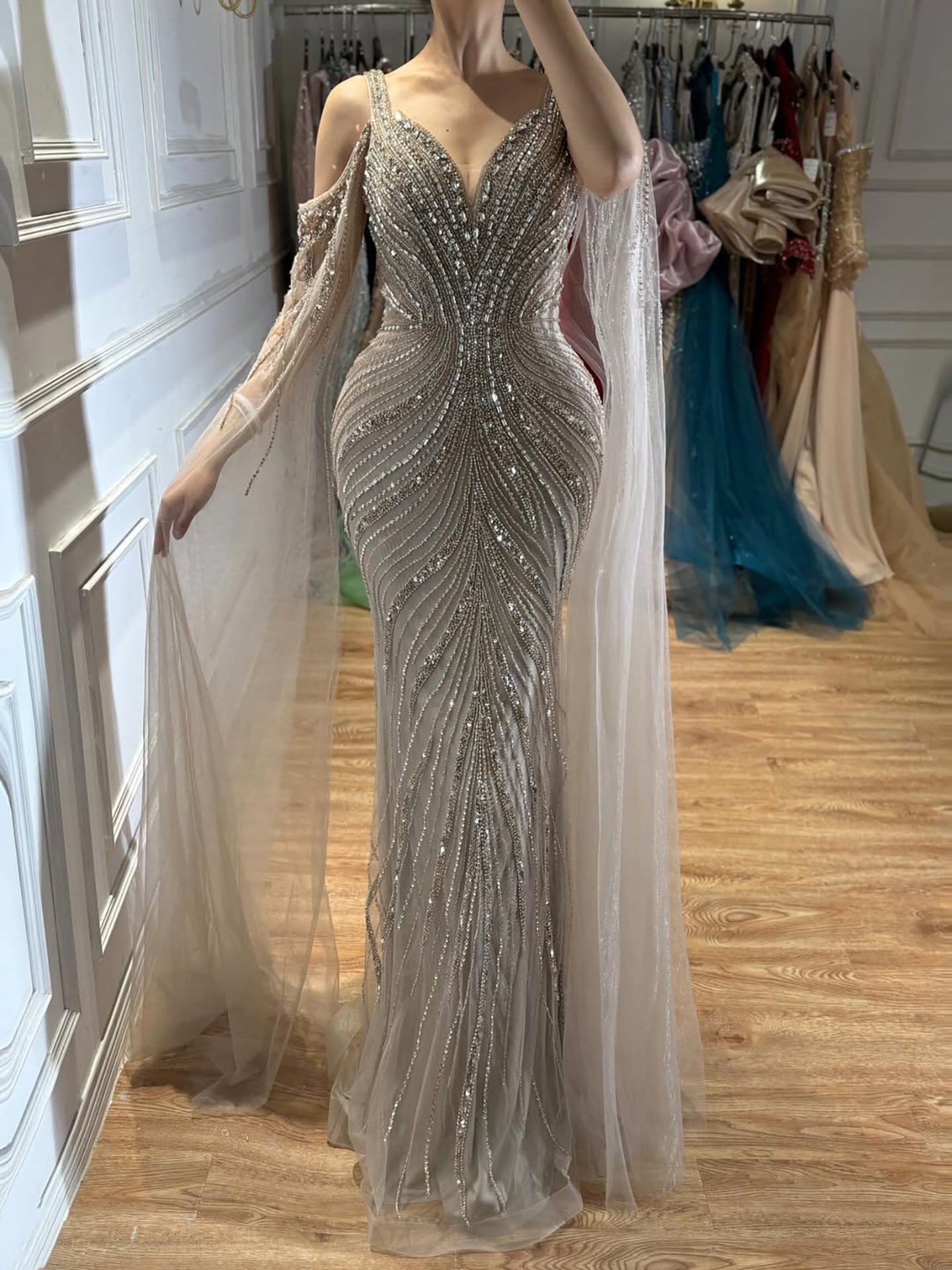 Luxury Pink Beaded Mermaid Evening Dress With Cape Sleeves LA73210