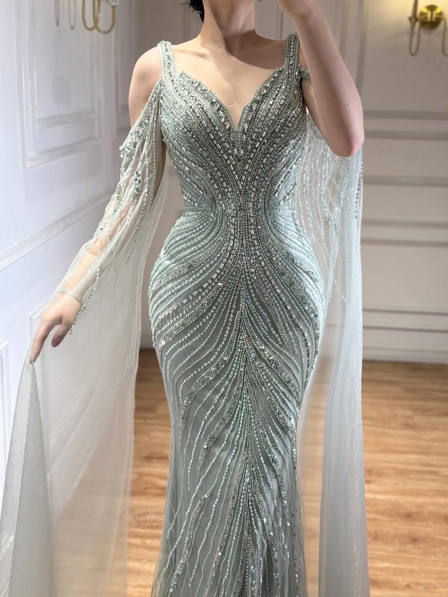 Luxury Pink Beaded Mermaid Evening Dress With Cape Sleeves LA73210