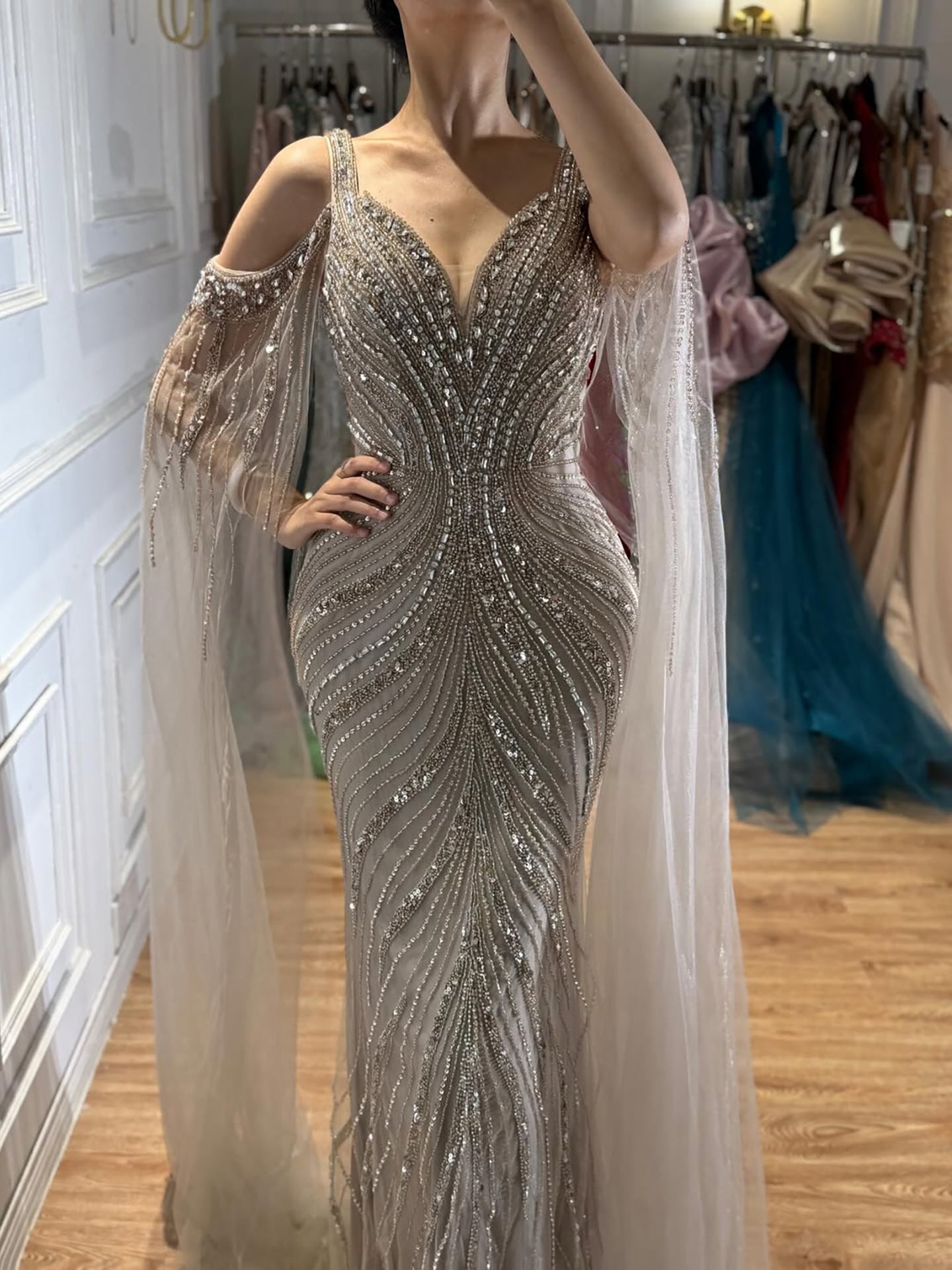 Luxury Pink Beaded Mermaid Evening Dress With Cape Sleeves LA73210