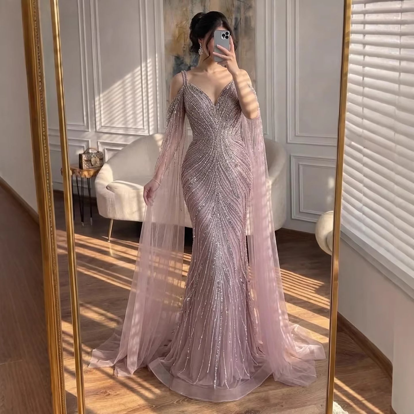 Luxury Pink Beaded Mermaid Evening Dress With Cape Sleeves LA73210
