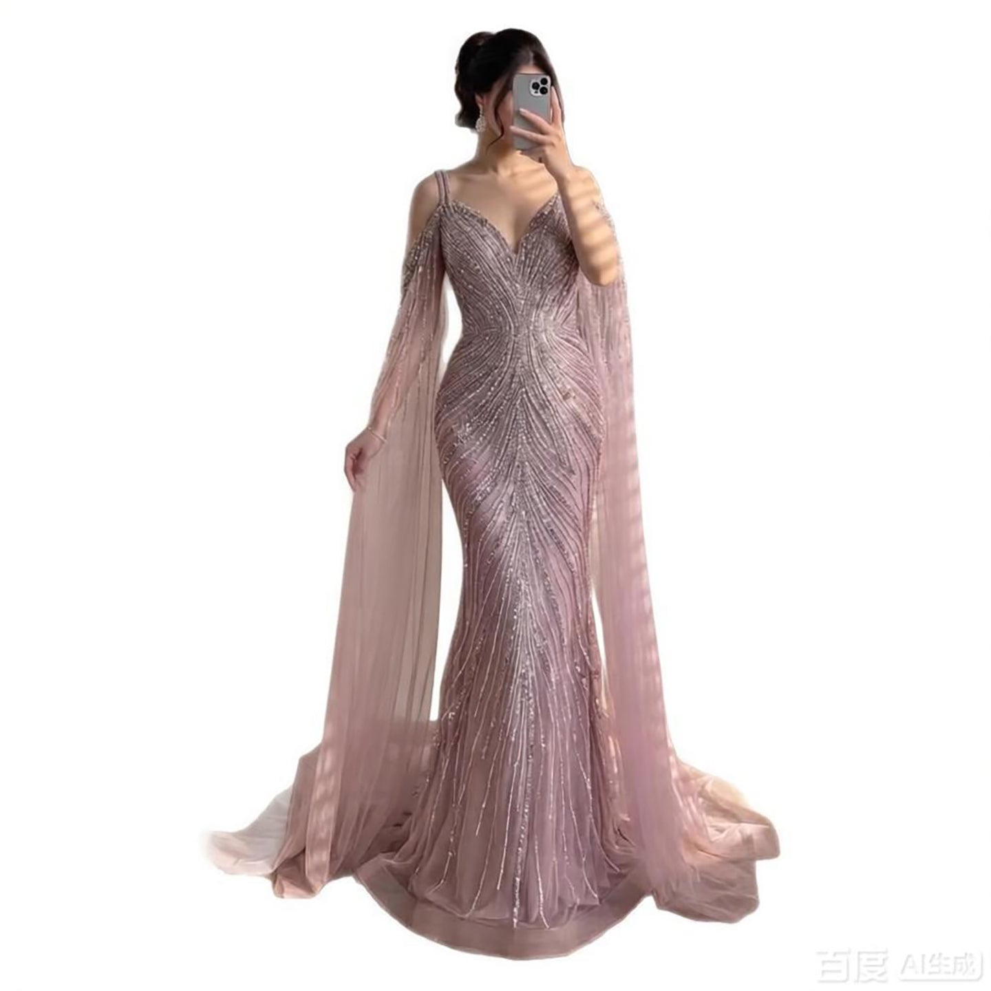 Luxury Pink Beaded Mermaid Evening Dress With Cape Sleeves LA73210