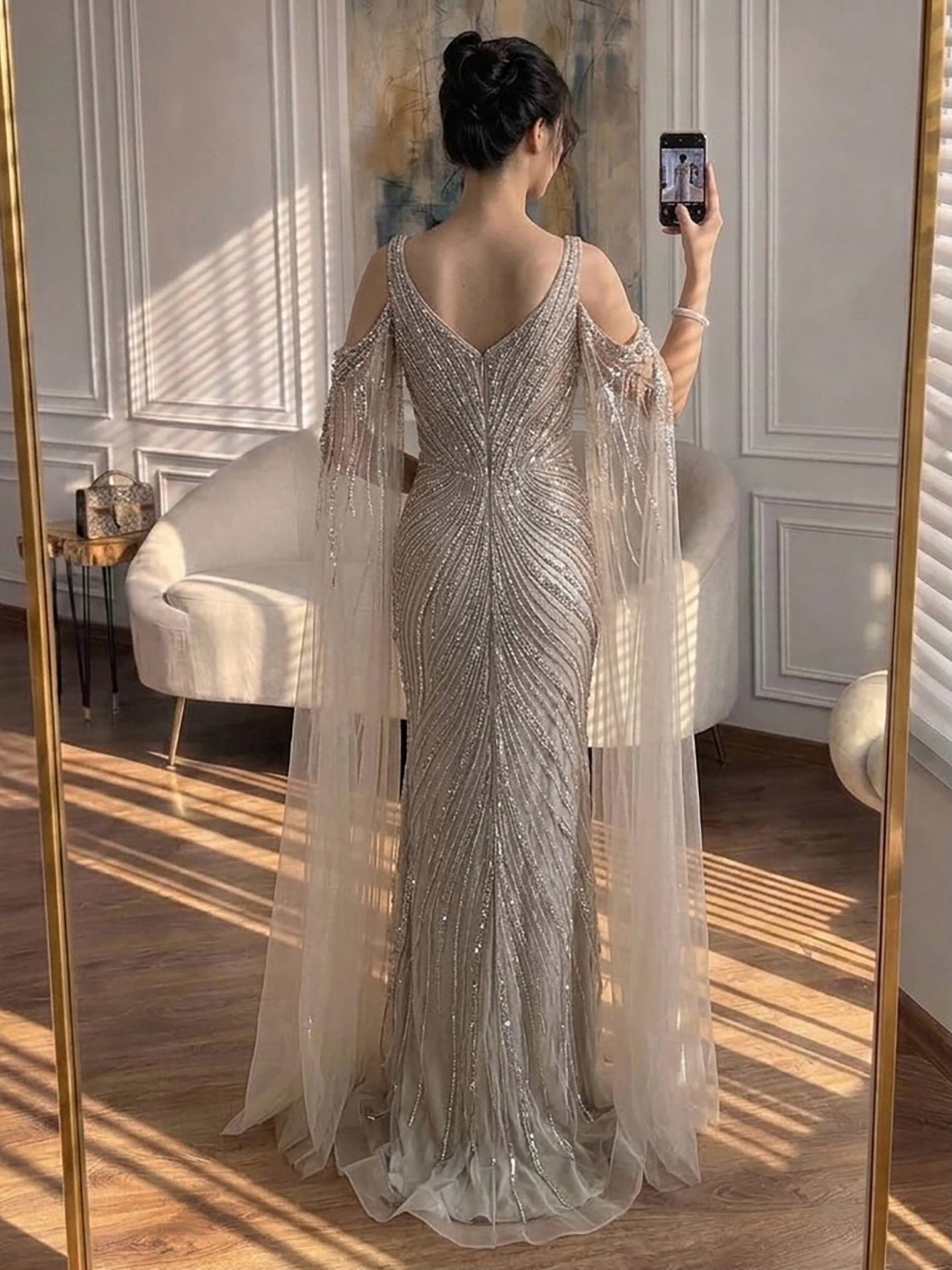 Luxury Pink Beaded Mermaid Evening Dress With Cape Sleeves LA73210