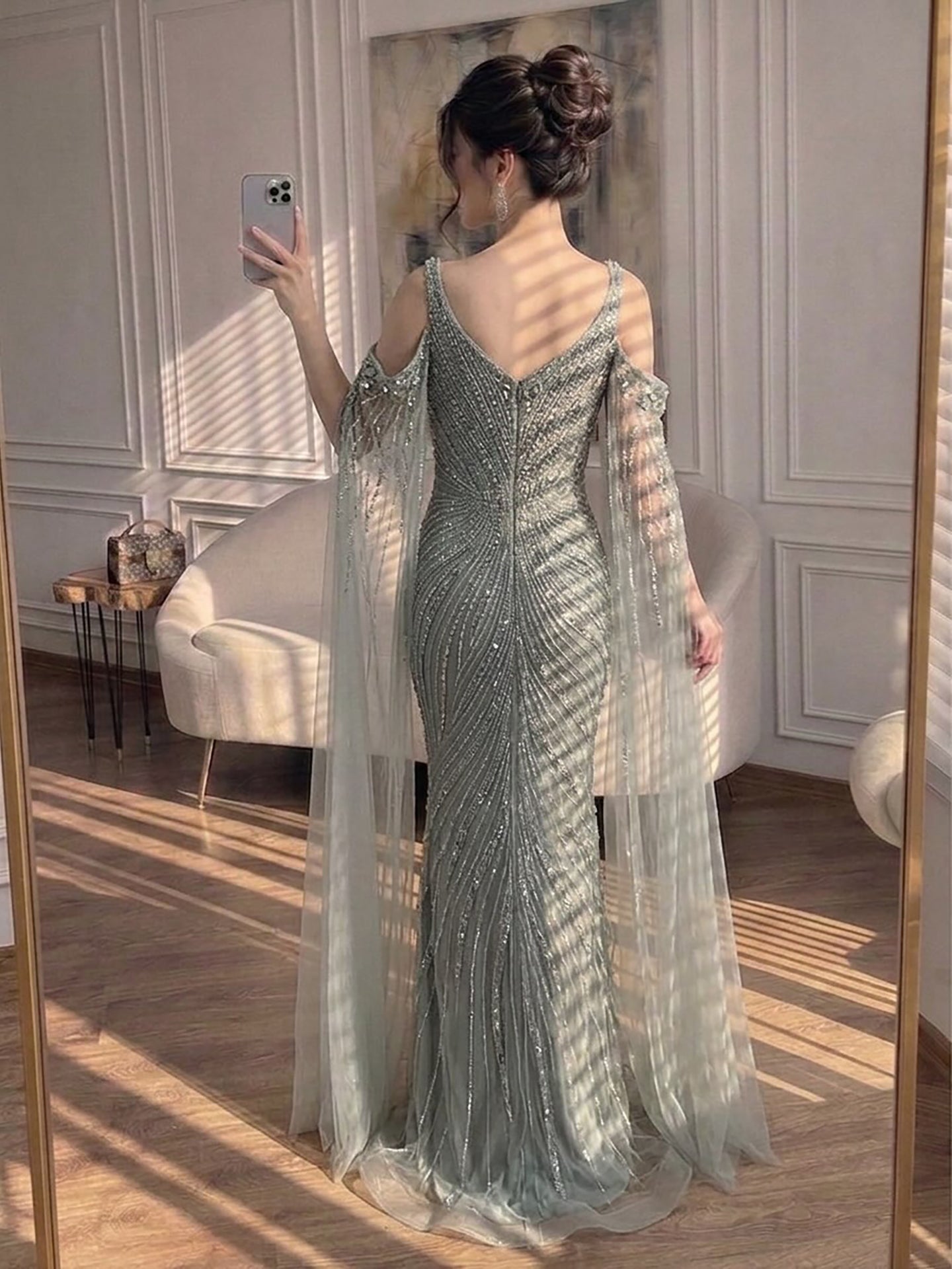 Luxury Pink Beaded Mermaid Evening Dress With Cape Sleeves LA73210