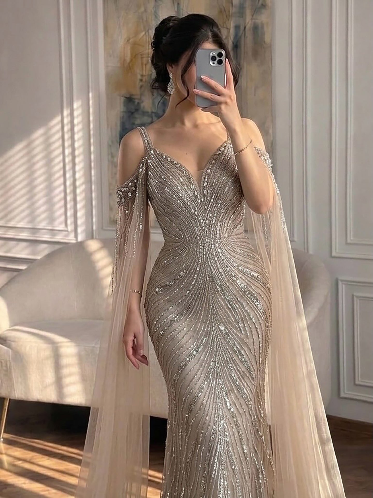 Luxury Pink Beaded Mermaid Evening Dress With Cape Sleeves LA73210