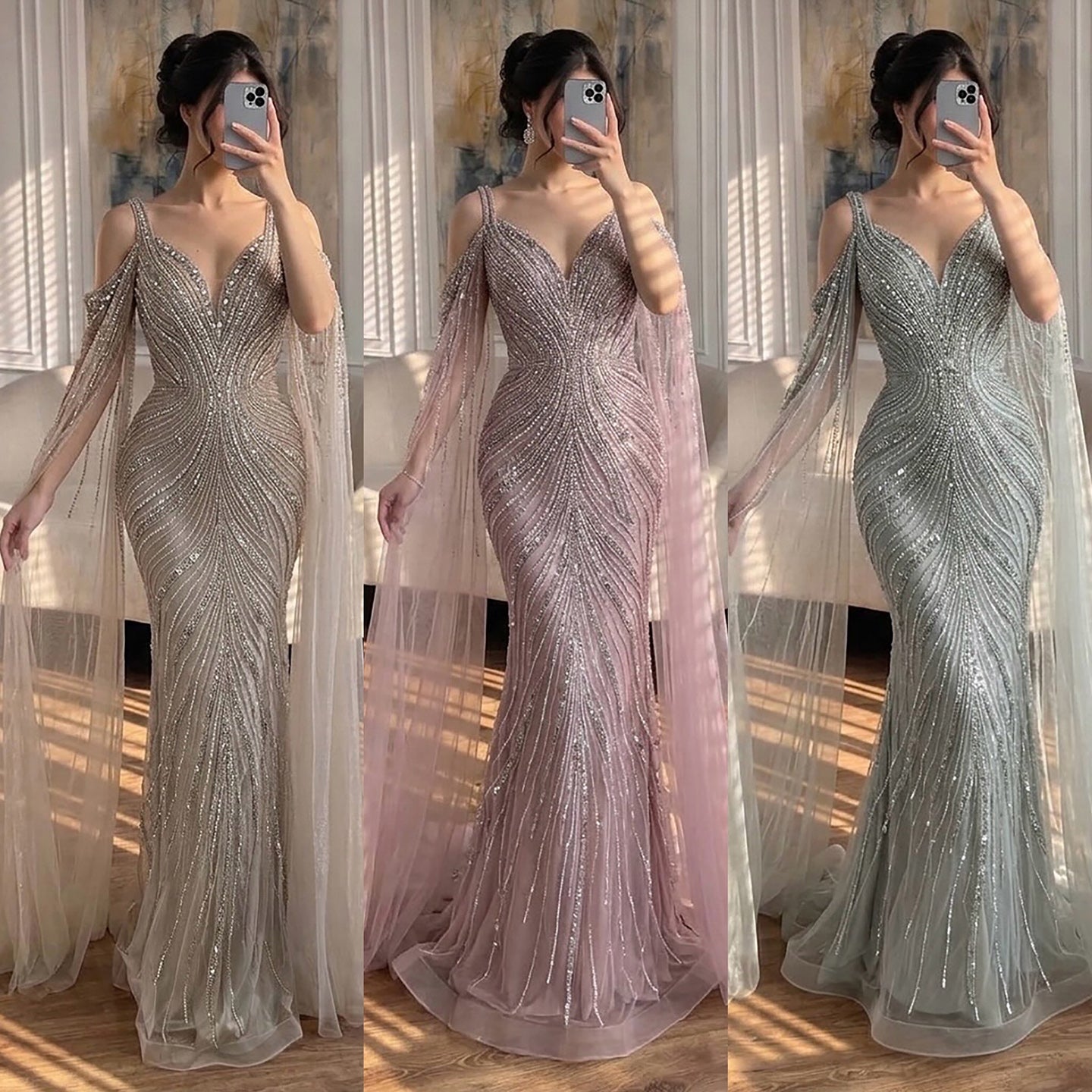 Luxury Pink Beaded Mermaid Evening Dress With Cape Sleeves LA73210