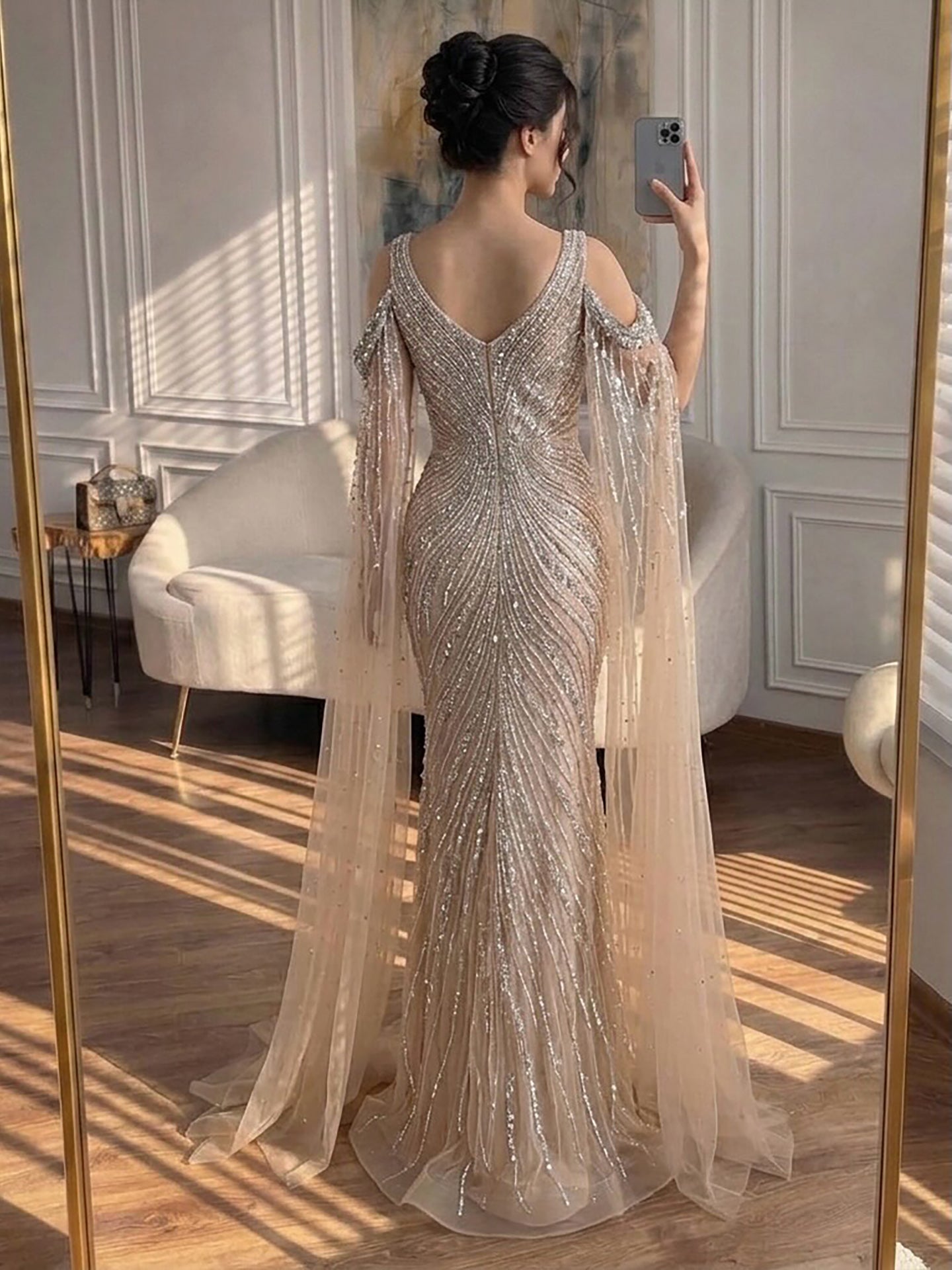 Luxury Pink Beaded Mermaid Evening Dress With Cape Sleeves LA73210A SERENE HILL
