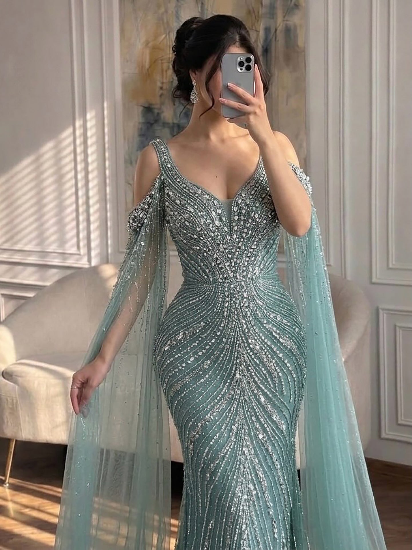 Luxury Pink Beaded Mermaid Evening Dress With Cape Sleeves LA73210A SERENE HILL