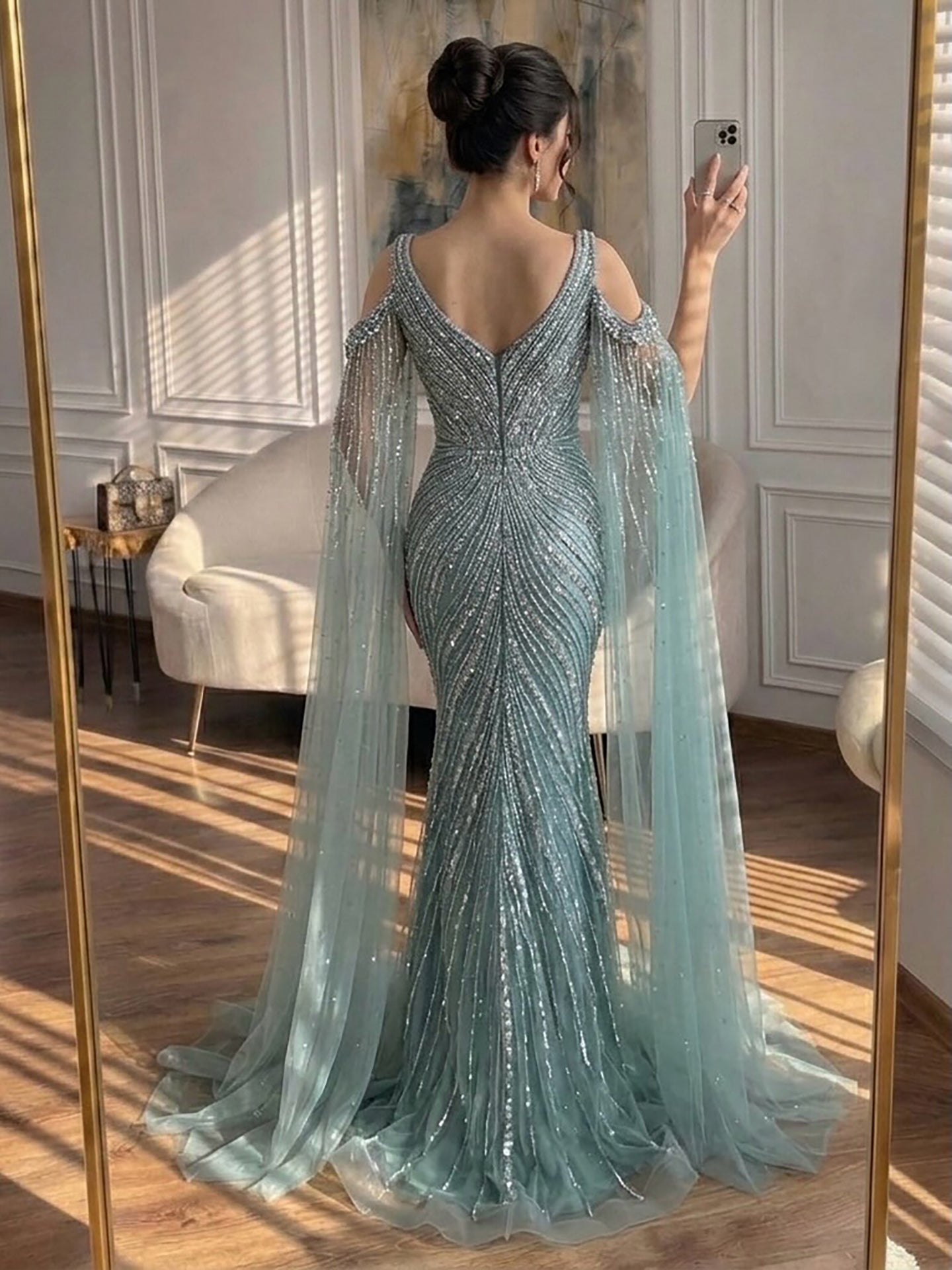 Luxury Pink Beaded Mermaid Evening Dress With Cape Sleeves LA73210A SERENE HILL